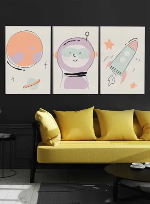 Kids Cute Astronaut Spaceship Stars Paintings(set of 3)
