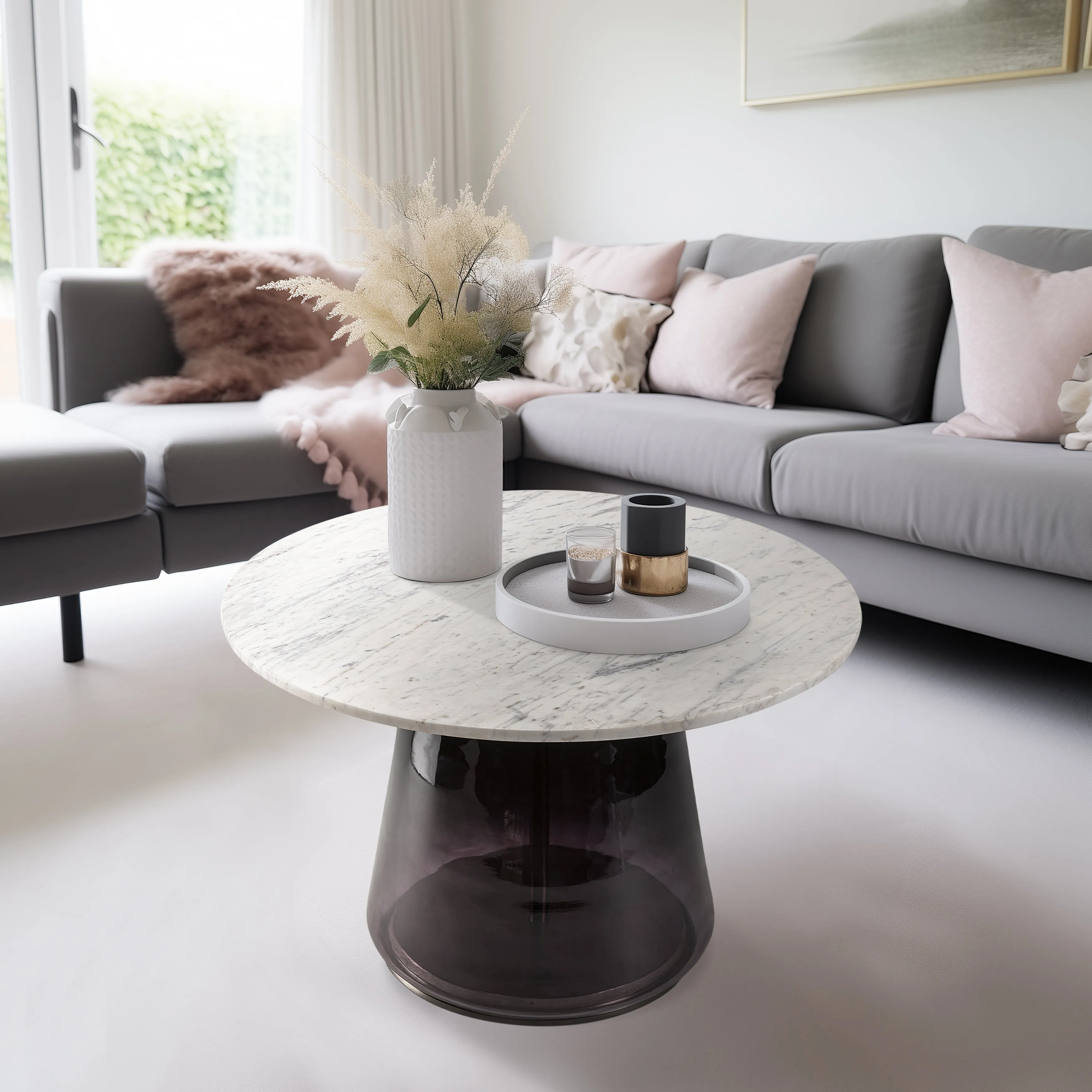 MARBLE TOP, 19"H COFFEE TABLE GLS BASE, PRPL/WHT