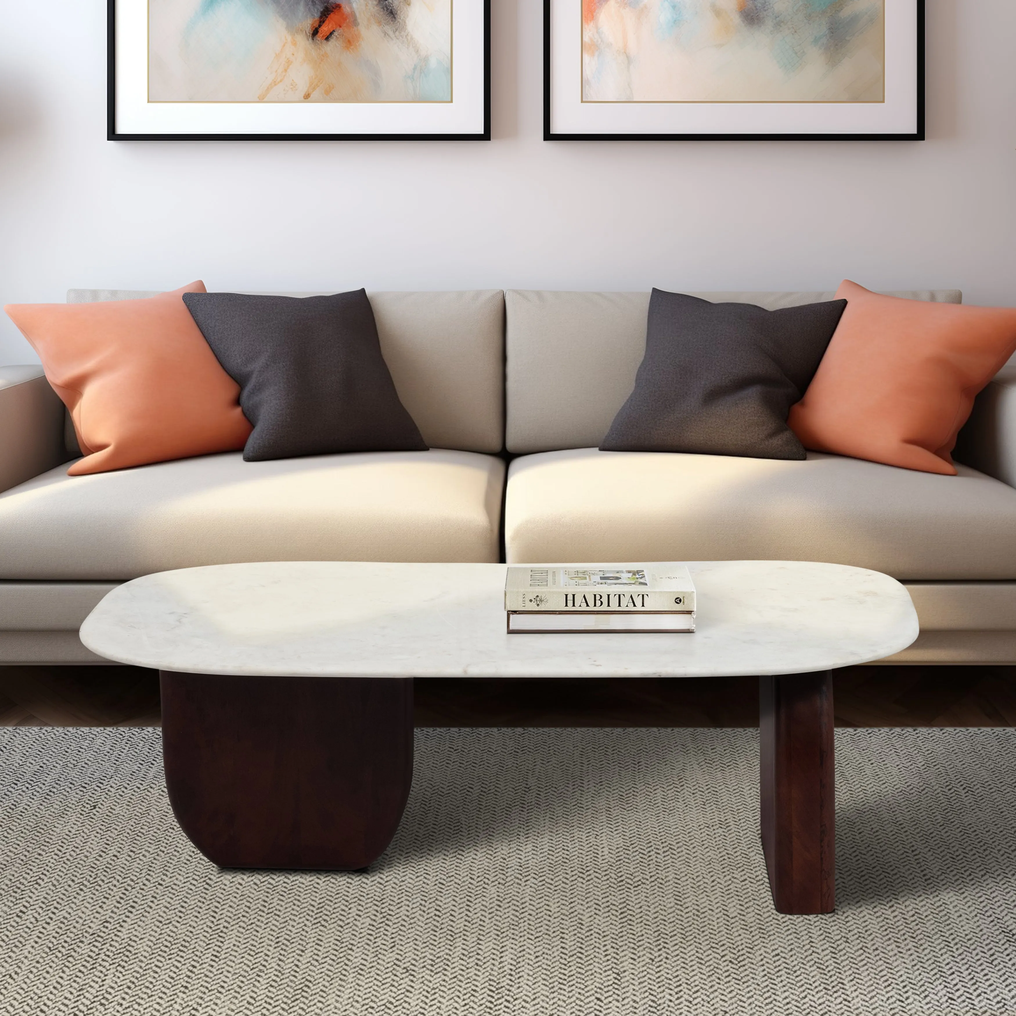 MARBLE/WOOD, 48"DX16"H COFFEE TBL, WLNT/WHT KD