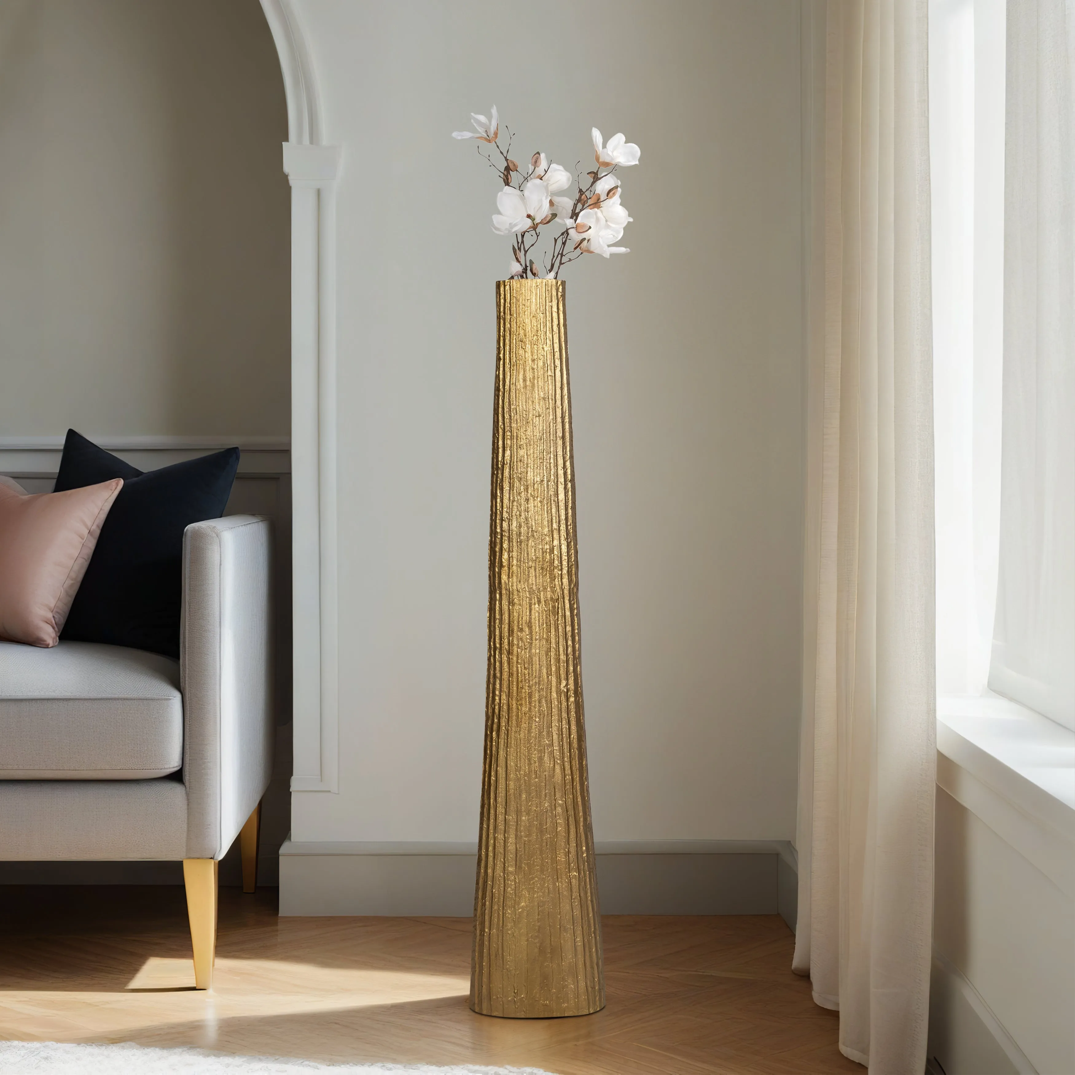 METAL, 58" RIBBED FLOOR VASE, GOLD