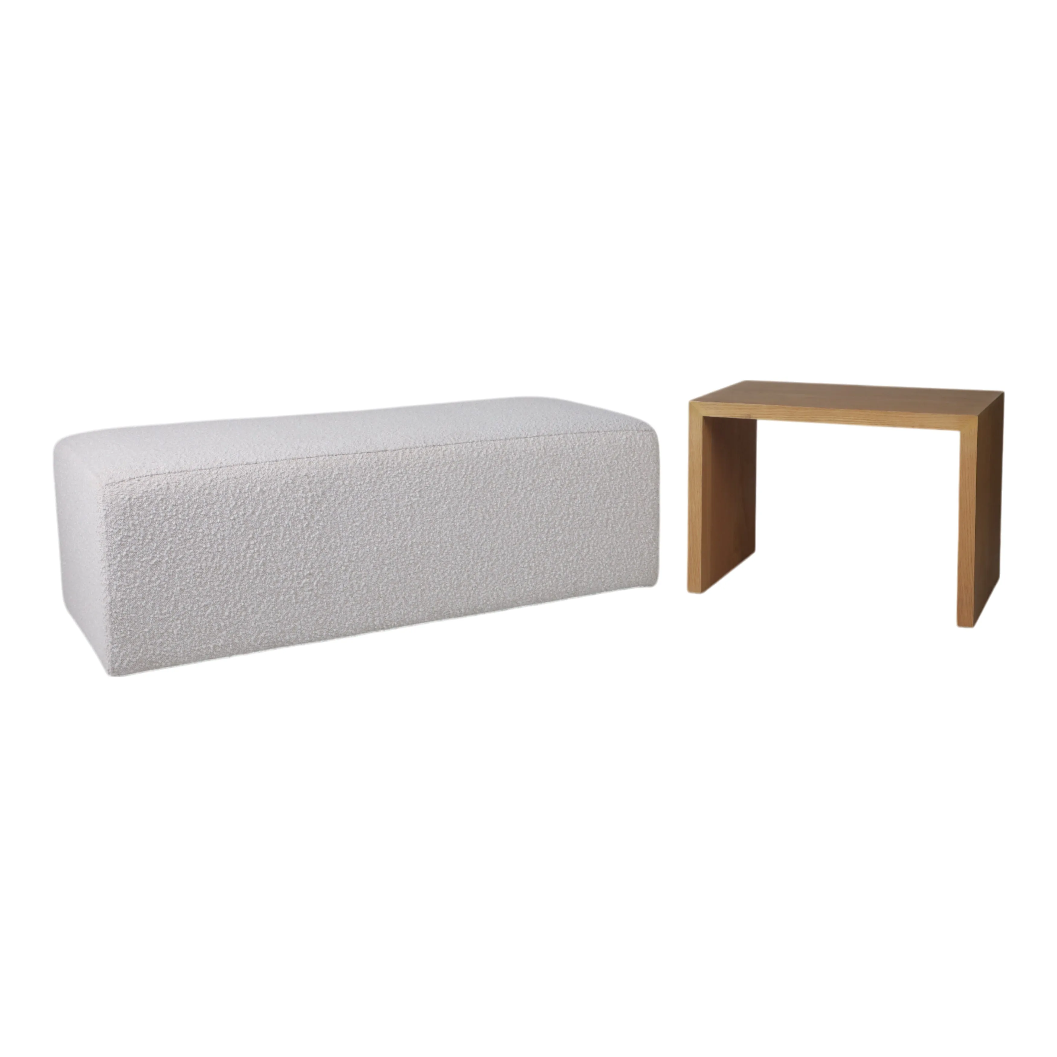 MODERN RECTANGULAR OTTOMA, WOOD ACCENT, IVORY