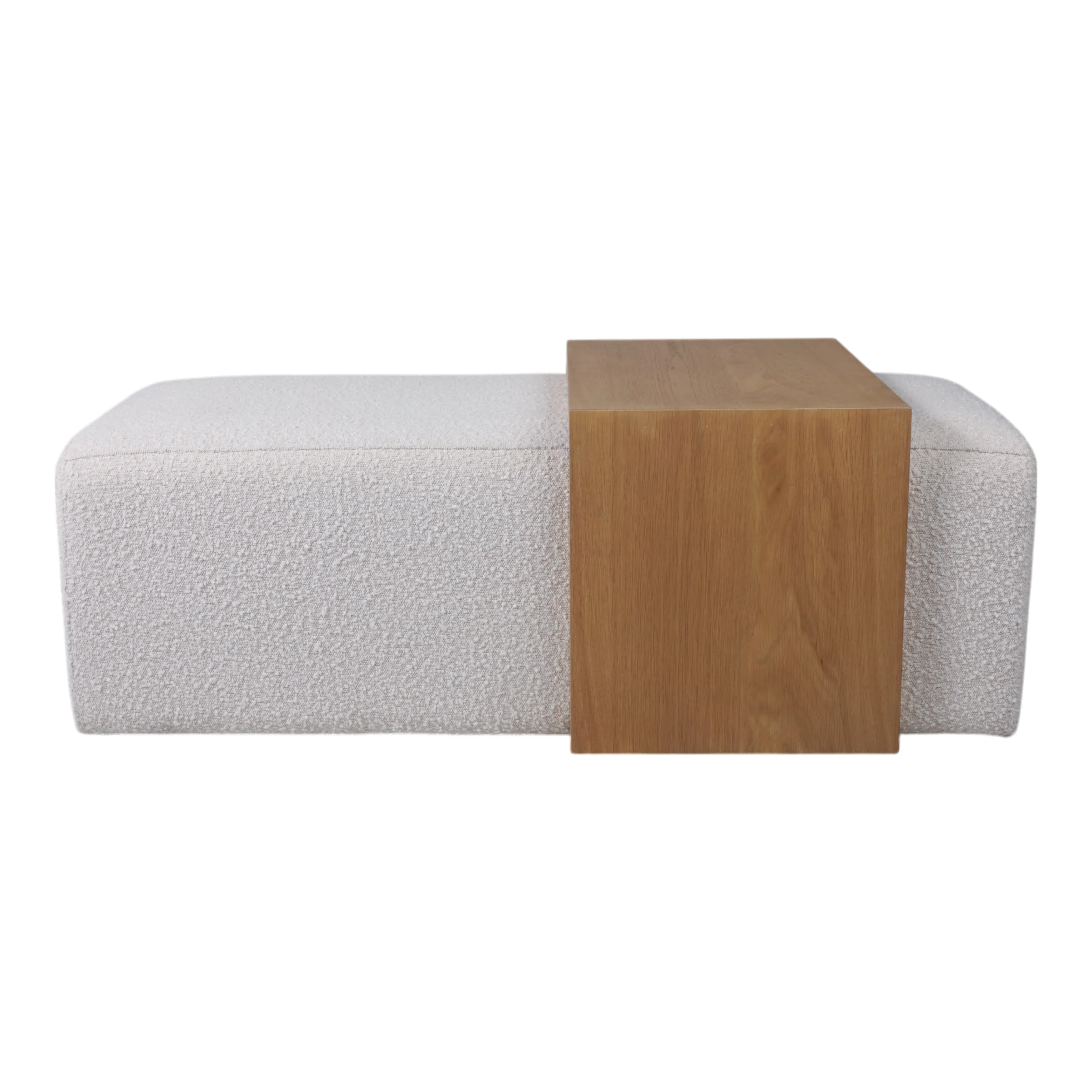 MODERN RECTANGULAR OTTOMA, WOOD ACCENT, IVORY