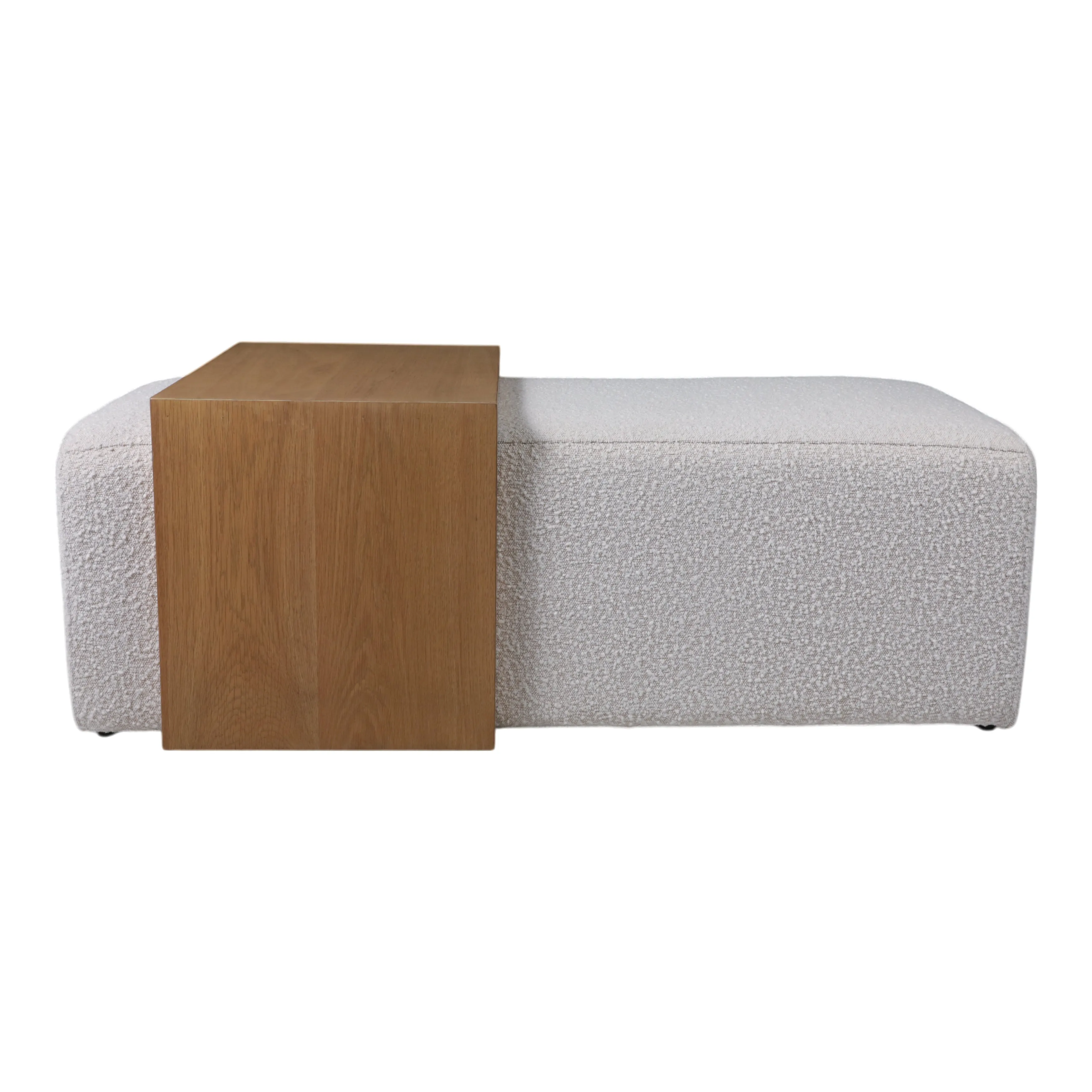 MODERN RECTANGULAR OTTOMA, WOOD ACCENT, IVORY