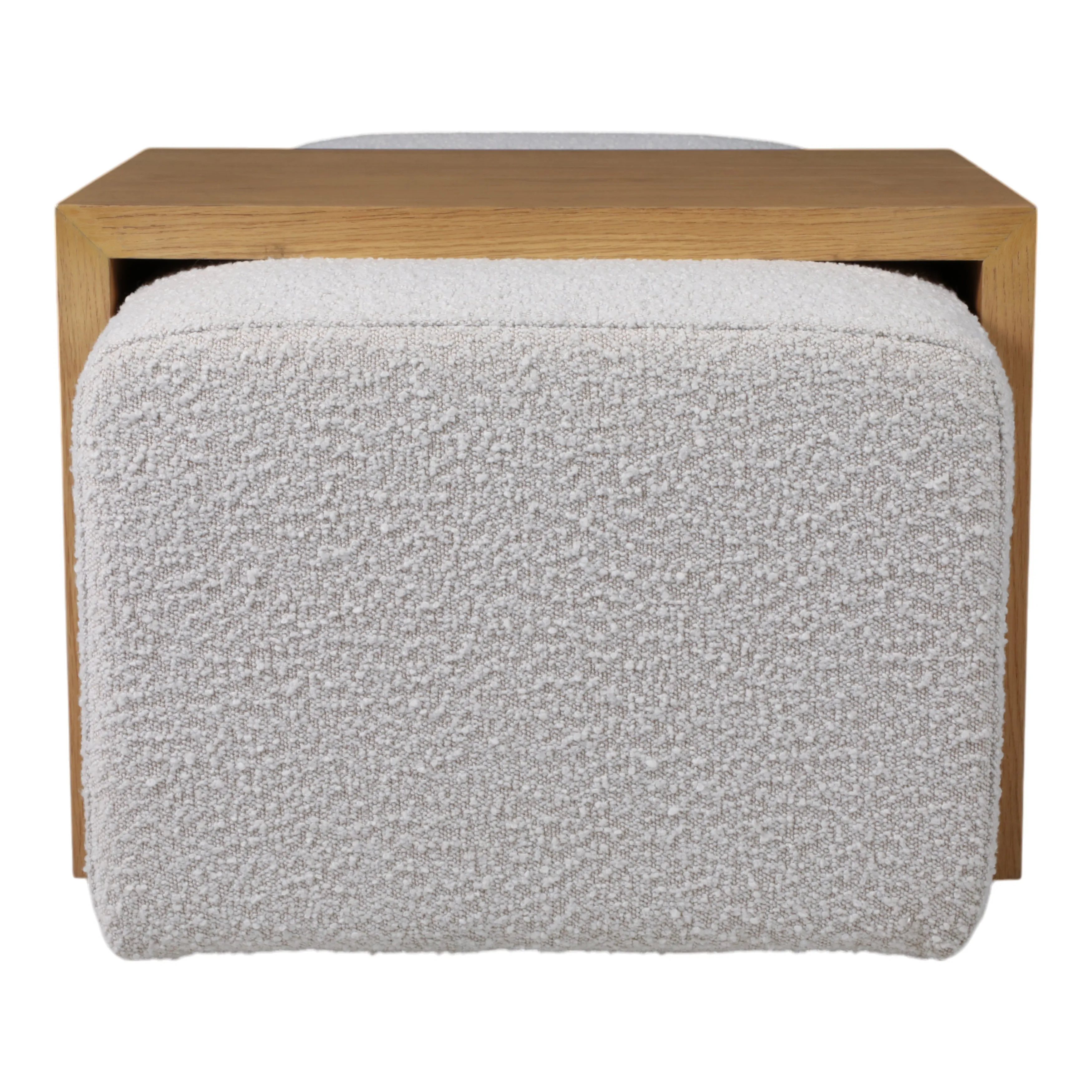 MODERN RECTANGULAR OTTOMA, WOOD ACCENT, IVORY