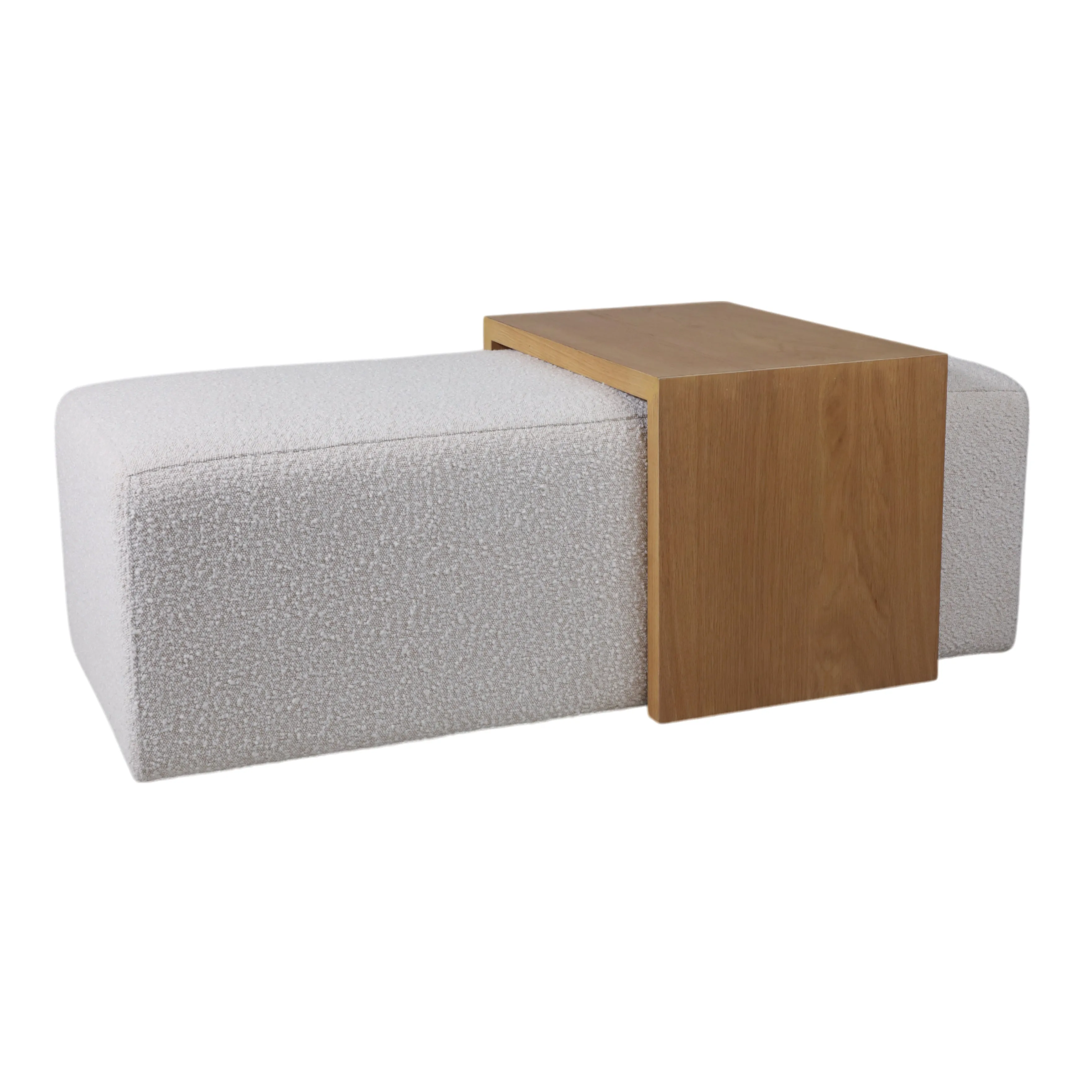 MODERN RECTANGULAR OTTOMA, WOOD ACCENT, IVORY