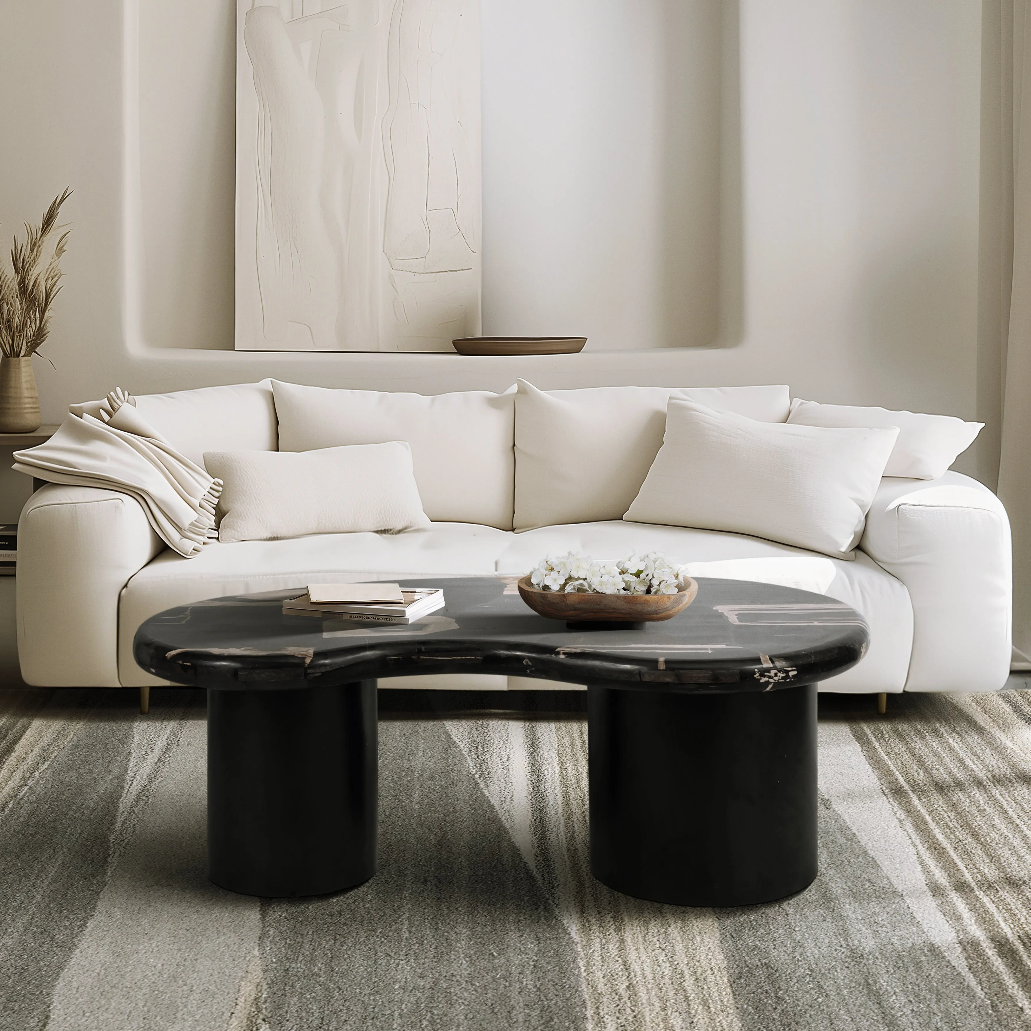 Petrified Wood, 51" Kidney Coffee Table, Black