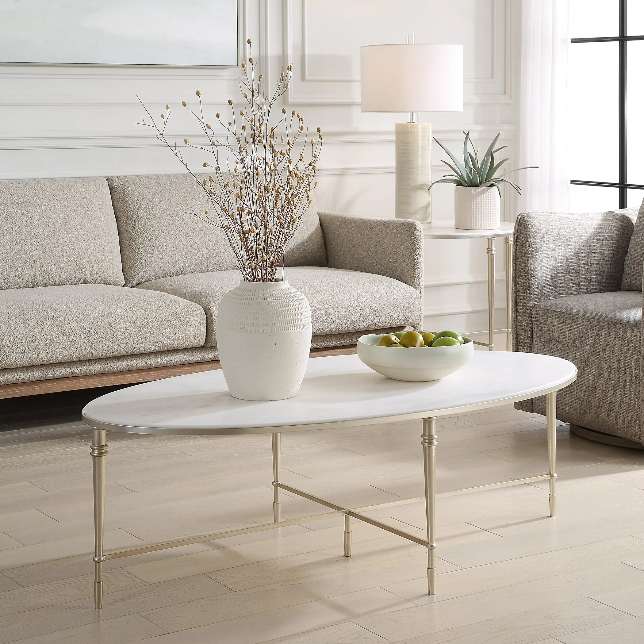 ROSHN 140 W x 43 H x 71 D Oval Coffee Table - Natural Marble Top