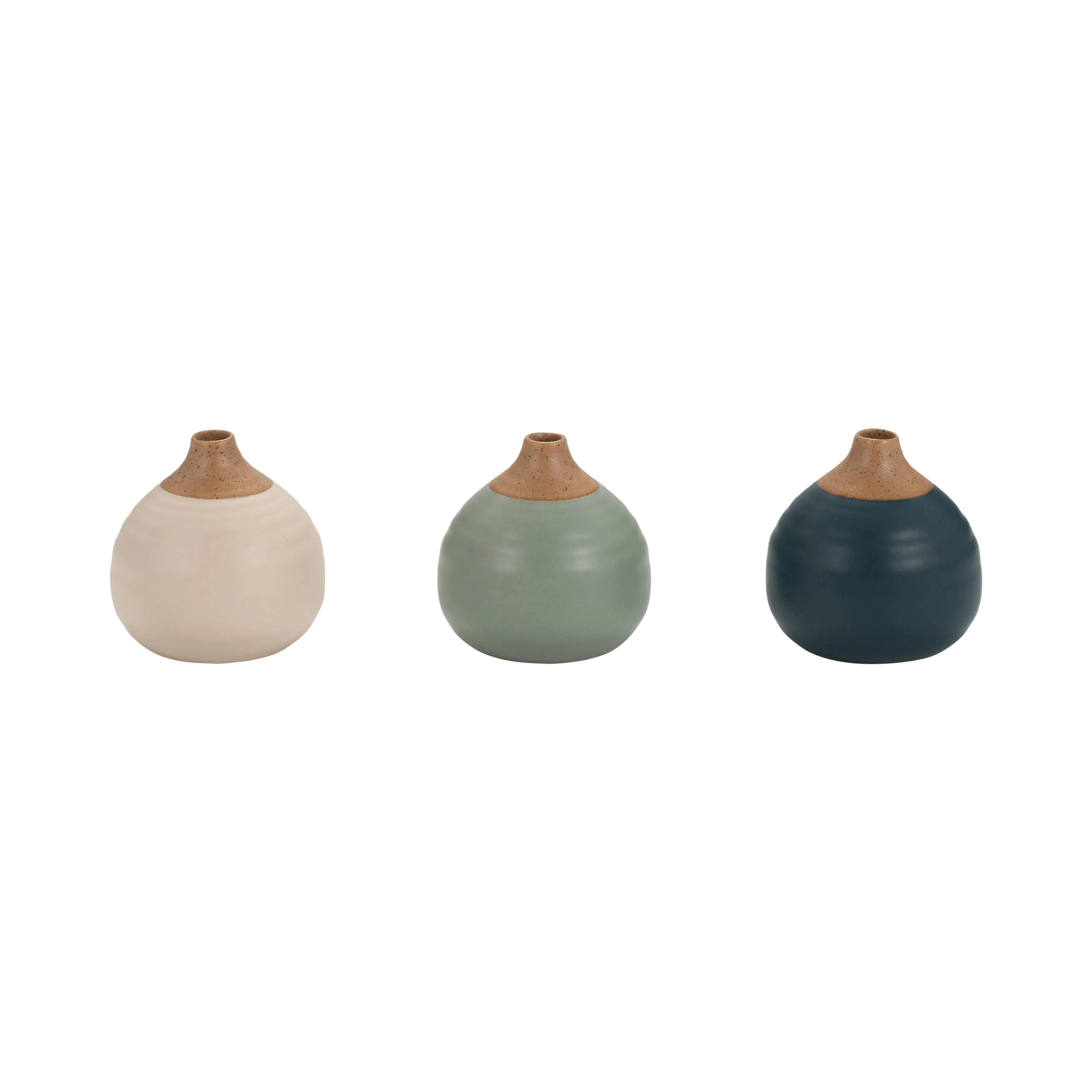 S/3 MATTE BUD VASES, DEEP TEAL/DRK SAGE/CREAM