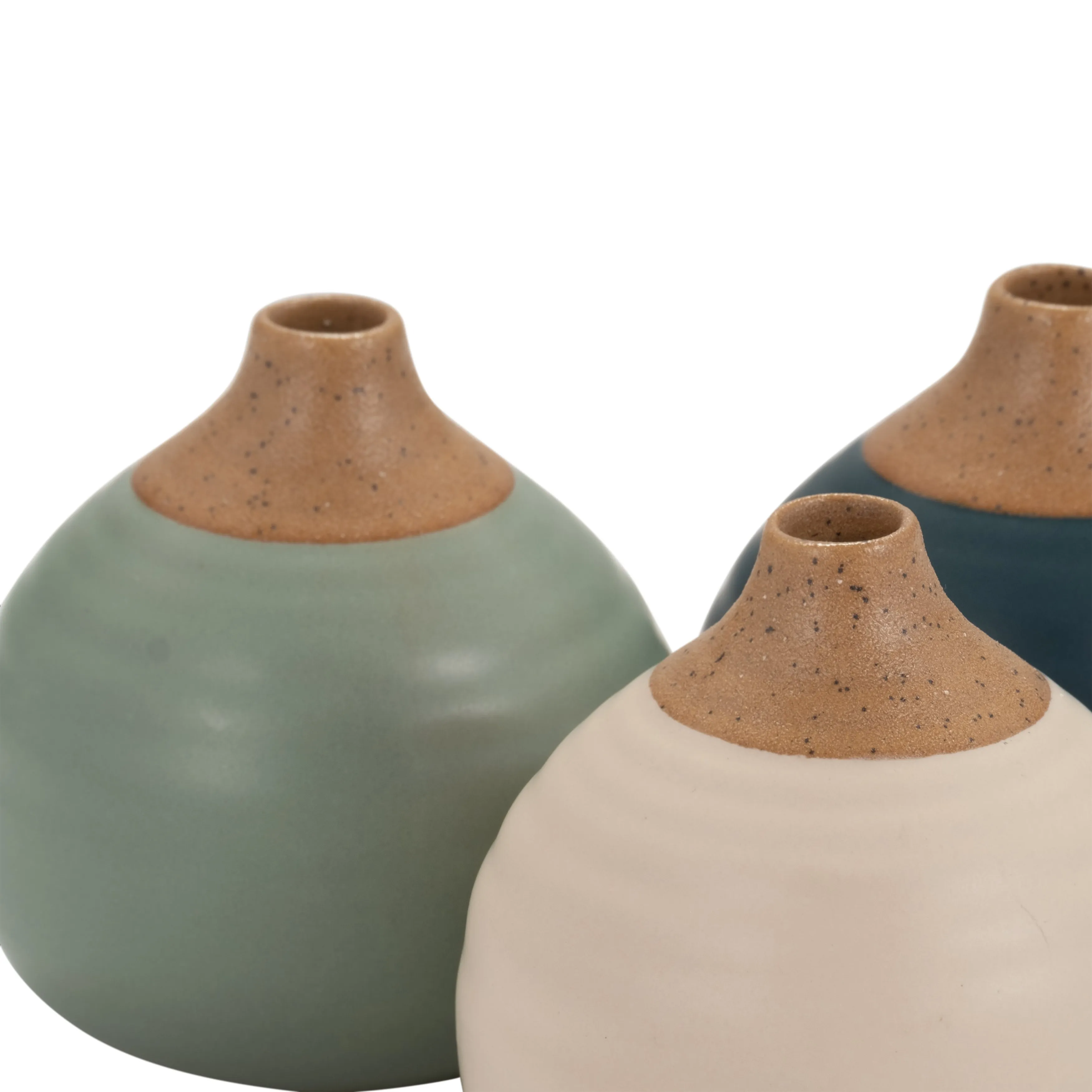 S/3 MATTE BUD VASES, DEEP TEAL/DRK SAGE/CREAM