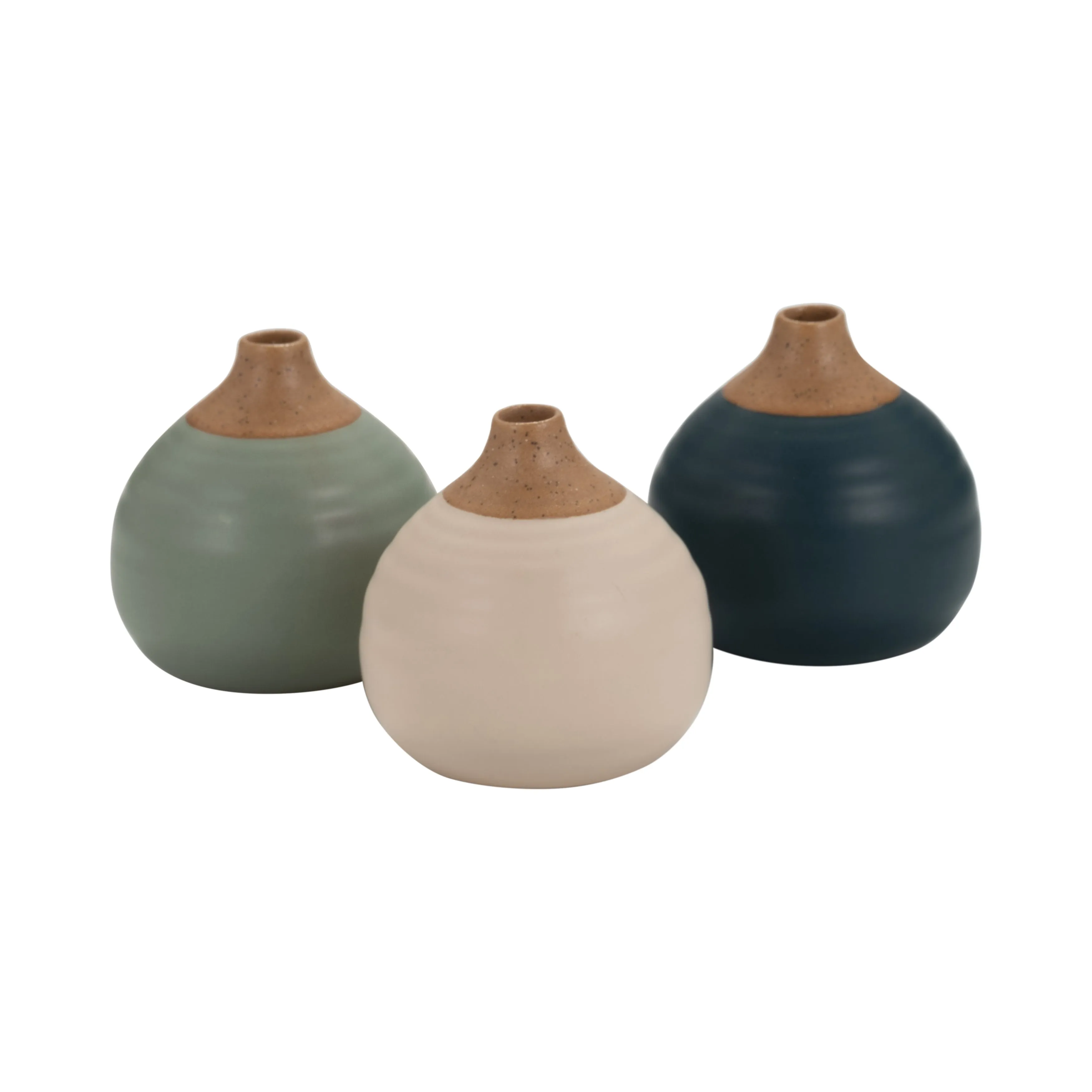 S/3 MATTE BUD VASES, DEEP TEAL/DRK SAGE/CREAM