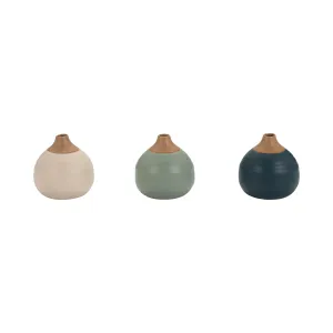 S/3 MATTE BUD VASES, DEEP TEAL/DRK SAGE/CREAM