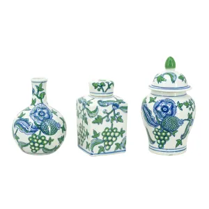 S/3 Porcelain Blue And White Cherry Blossom Lidded Jar & Vase