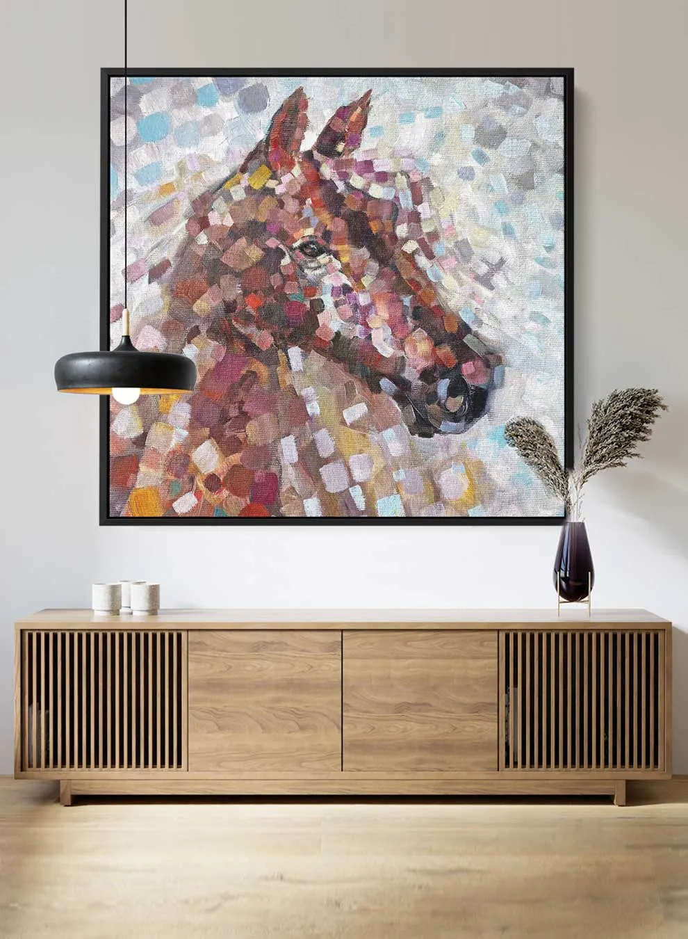 Square Canvas Wall Art Stretched Over Wooden Frame with Black Floating Frame and A Strike Of Colour Painting