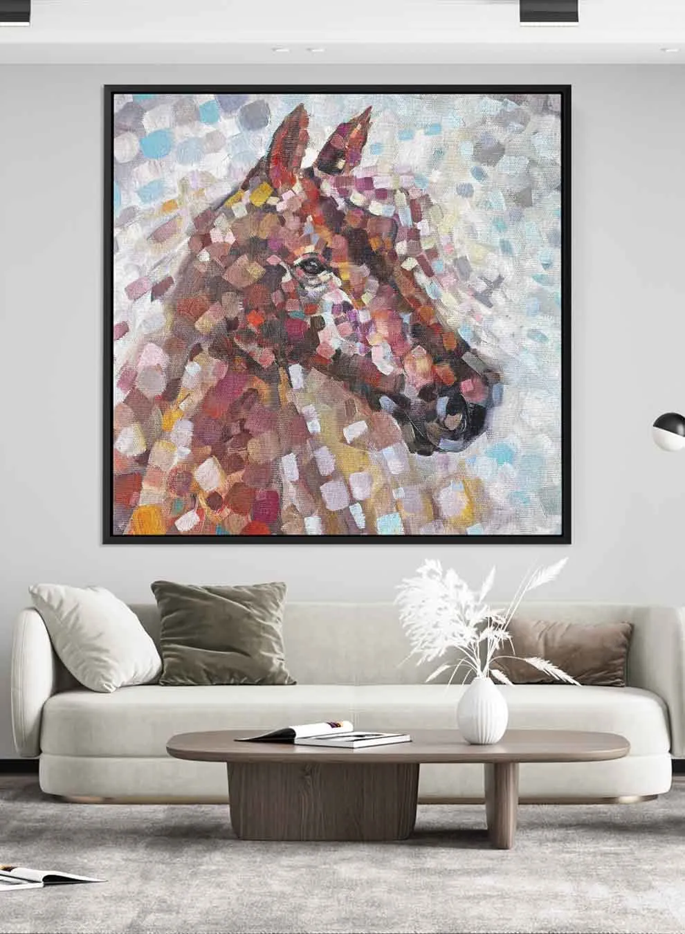 Square Canvas Wall Art Stretched Over Wooden Frame with Black Floating Frame and A Strike Of Colour Painting