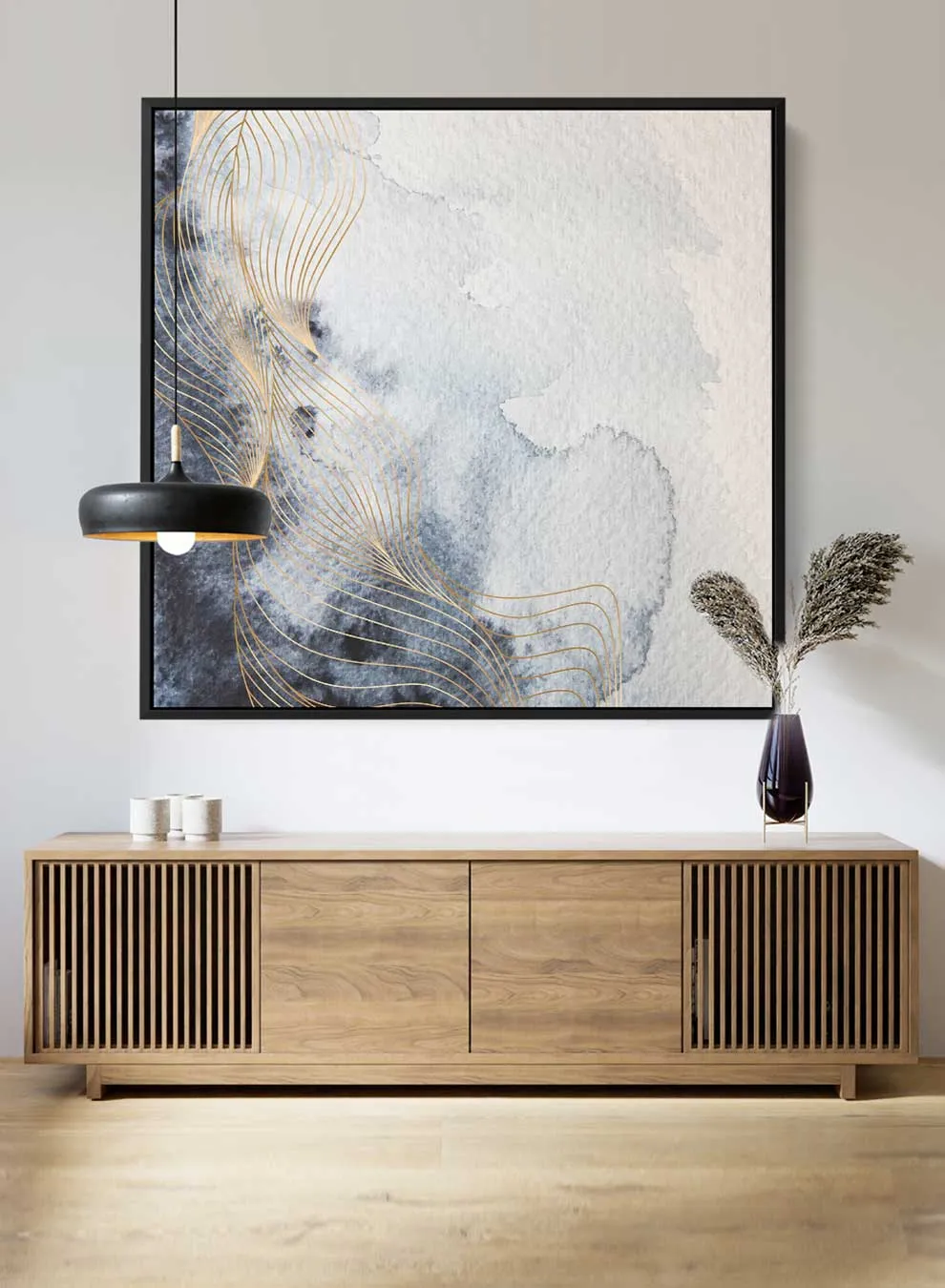 Square Canvas Wall Art Stretched Over Wooden Frame with Black Floating Frame and Abstract Painting