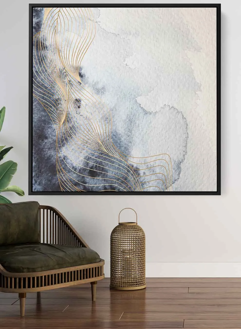 Square Canvas Wall Art Stretched Over Wooden Frame with Black Floating Frame and Abstract Painting
