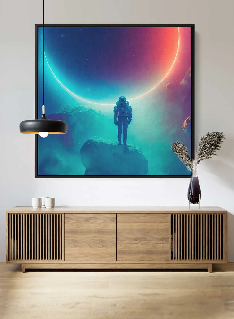Square Canvas Wall Art Stretched Over Wooden Frame with Black Floating Frame and Astronaut Watching Eclipse Painting