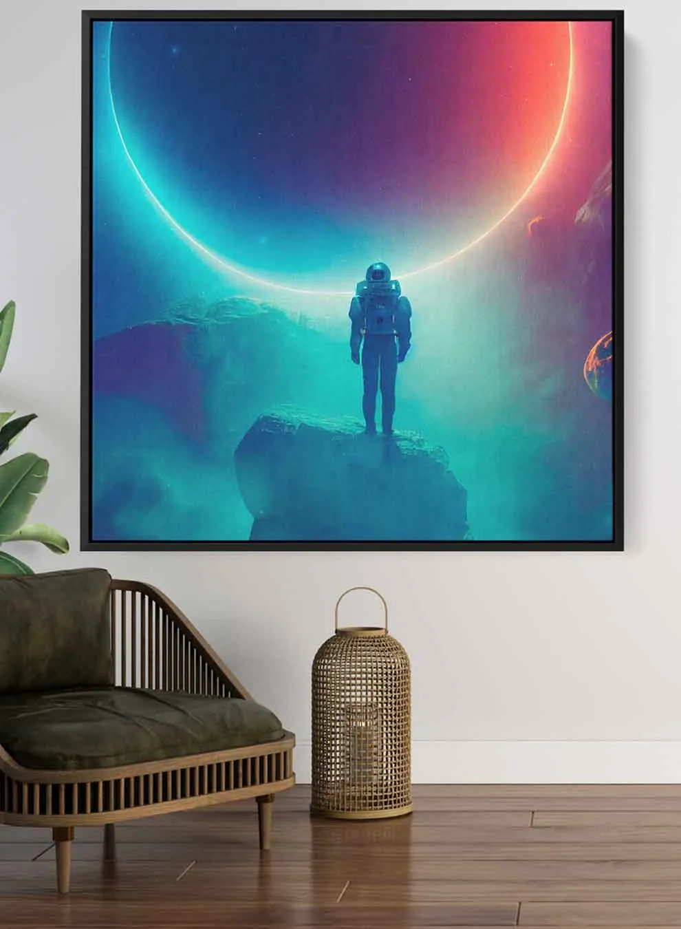 Square Canvas Wall Art Stretched Over Wooden Frame with Black Floating Frame and Astronaut Watching Eclipse Painting