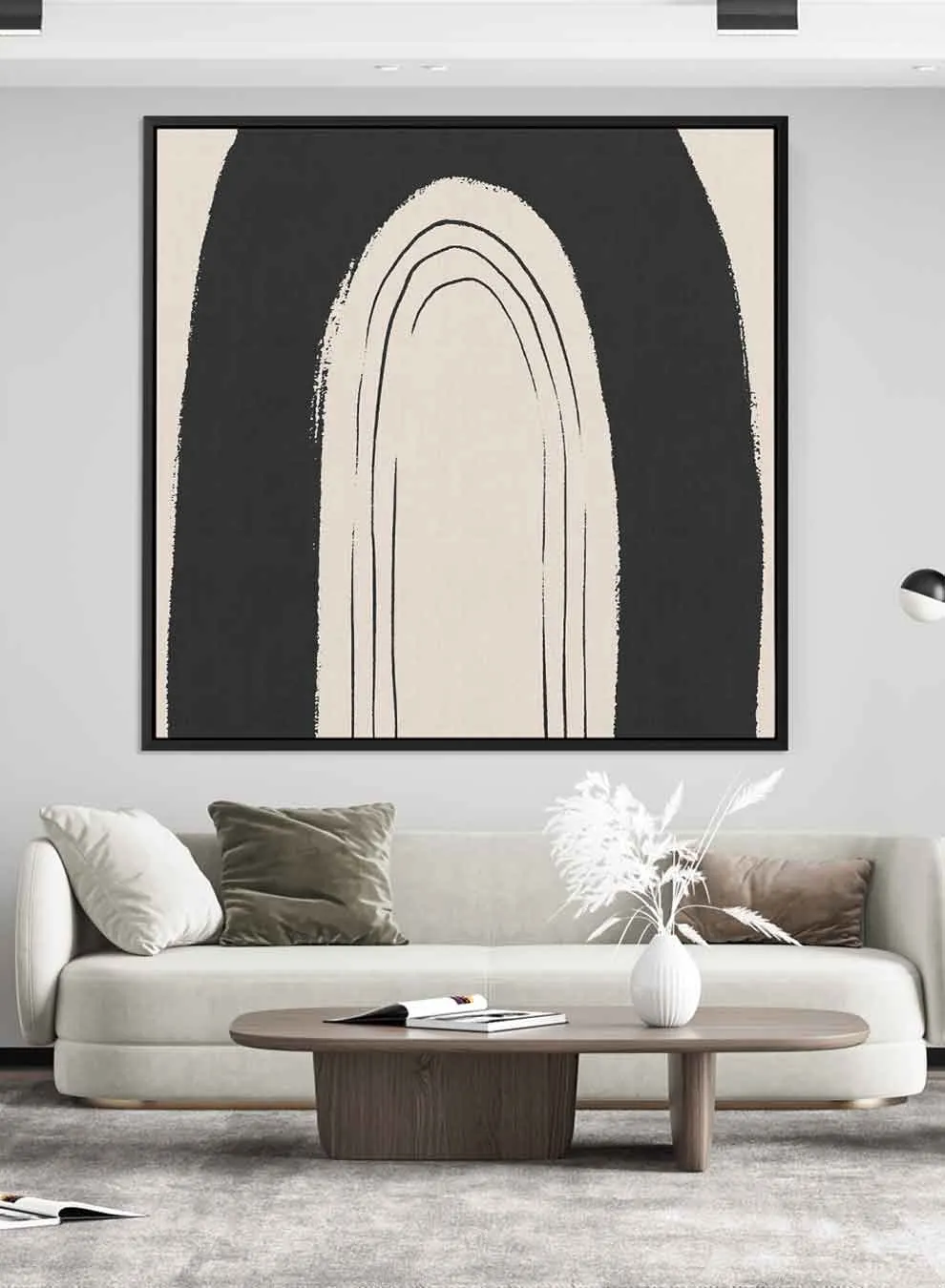 Square Canvas Wall Art Stretched Over Wooden Frame with Black Floating Frame and Black Rainbow Painting