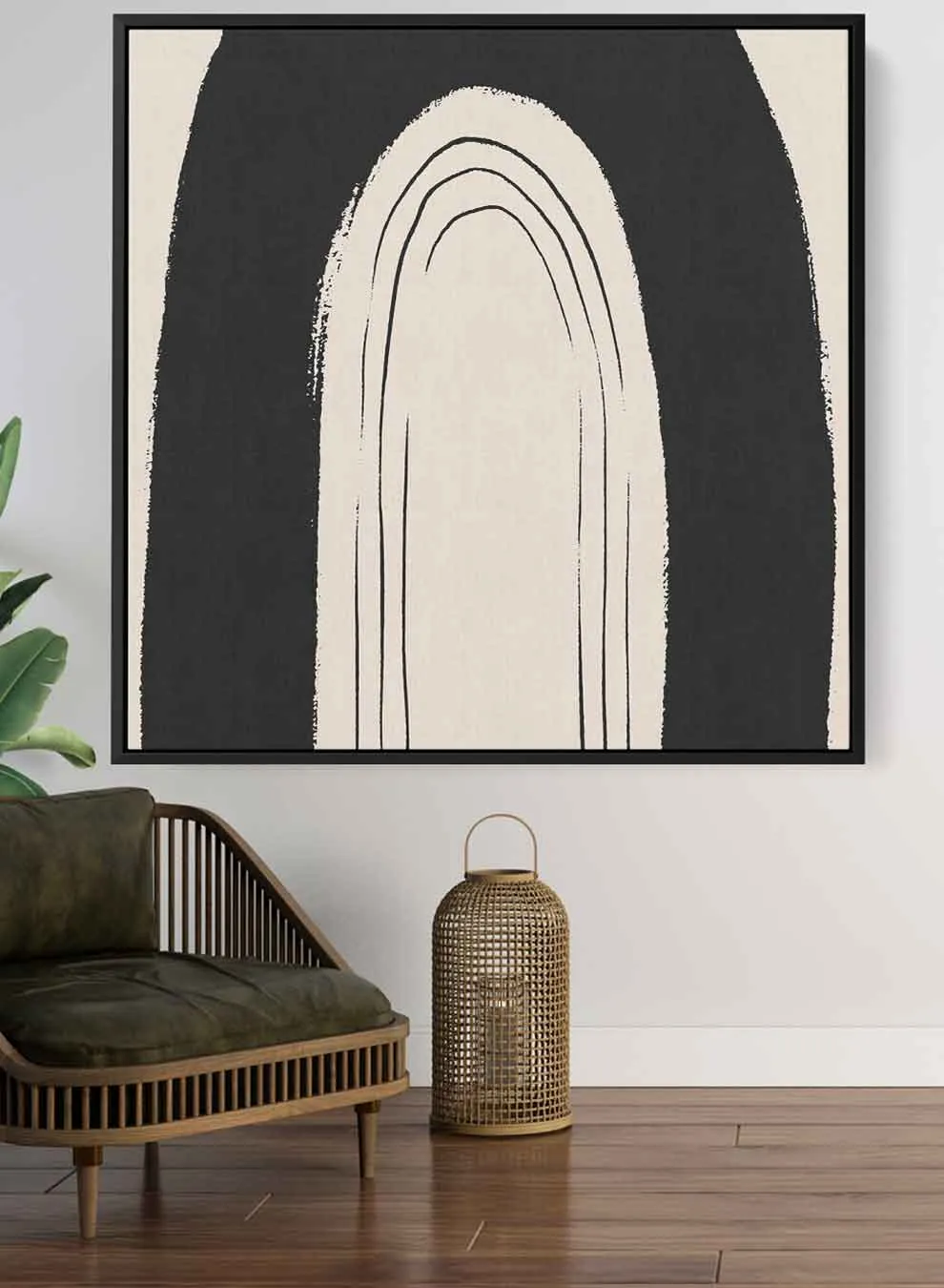 Square Canvas Wall Art Stretched Over Wooden Frame with Black Floating Frame and Black Rainbow Painting
