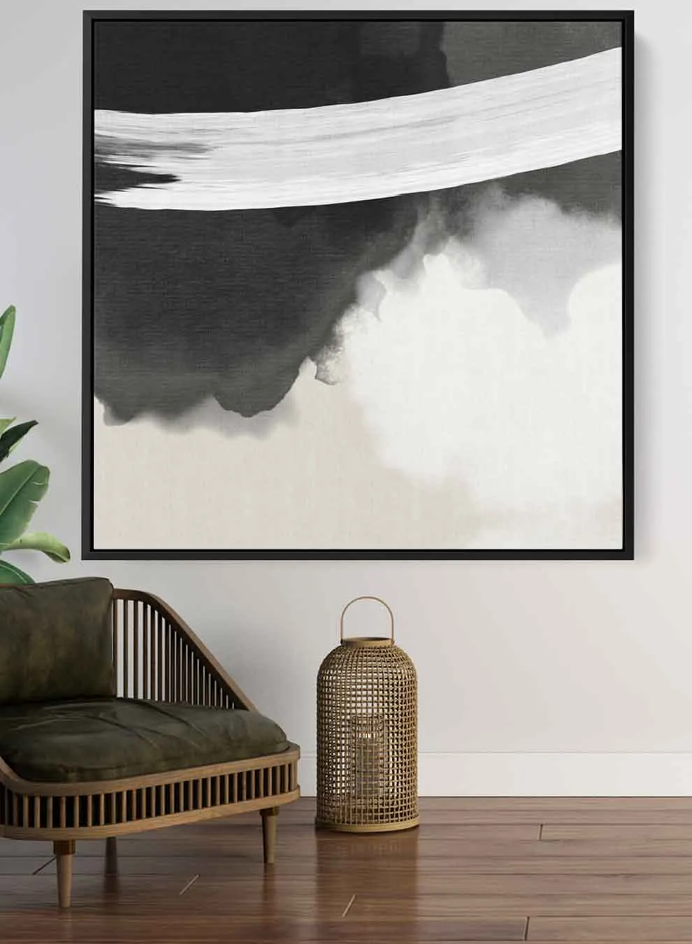 Square Canvas Wall Art Stretched Over Wooden Frame with Black Floating Frame and Black White Abstract Art