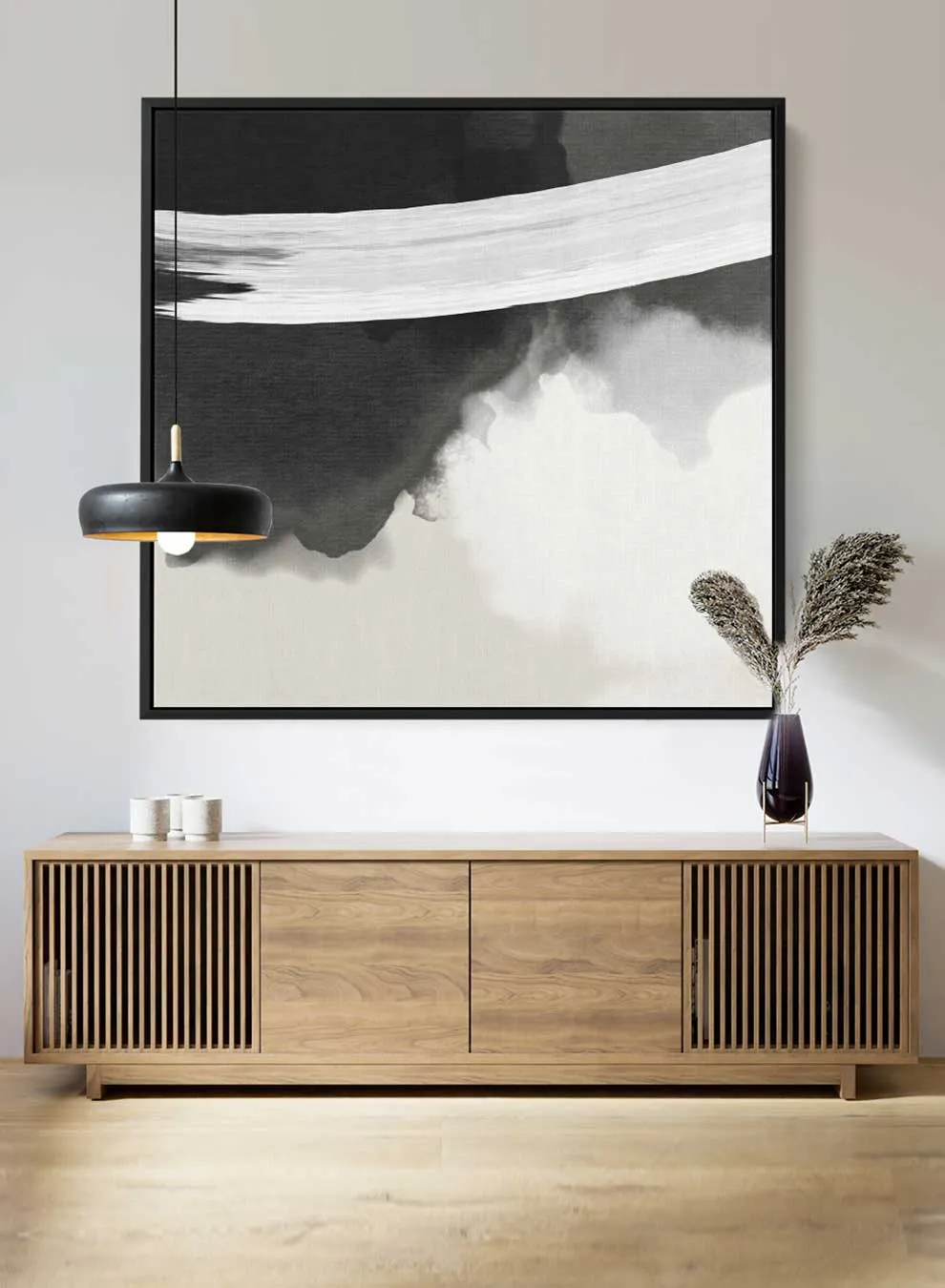 Square Canvas Wall Art Stretched Over Wooden Frame with Black Floating Frame and Black White Abstract Art