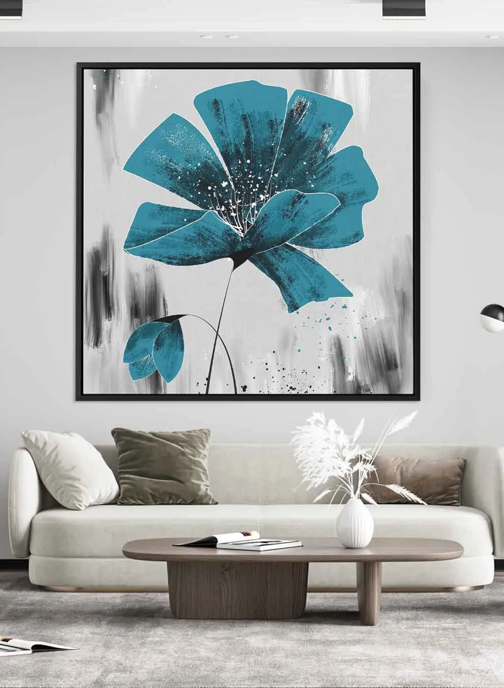 Square Canvas Wall Art Stretched Over Wooden Frame with Black Floating Frame and Blue Shades Oil Painting
