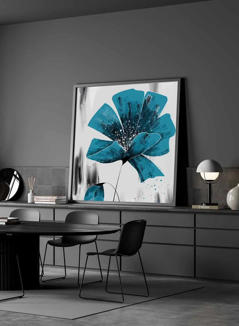 Square Canvas Wall Art Stretched Over Wooden Frame with Black Floating Frame and Blue Shades Oil Painting