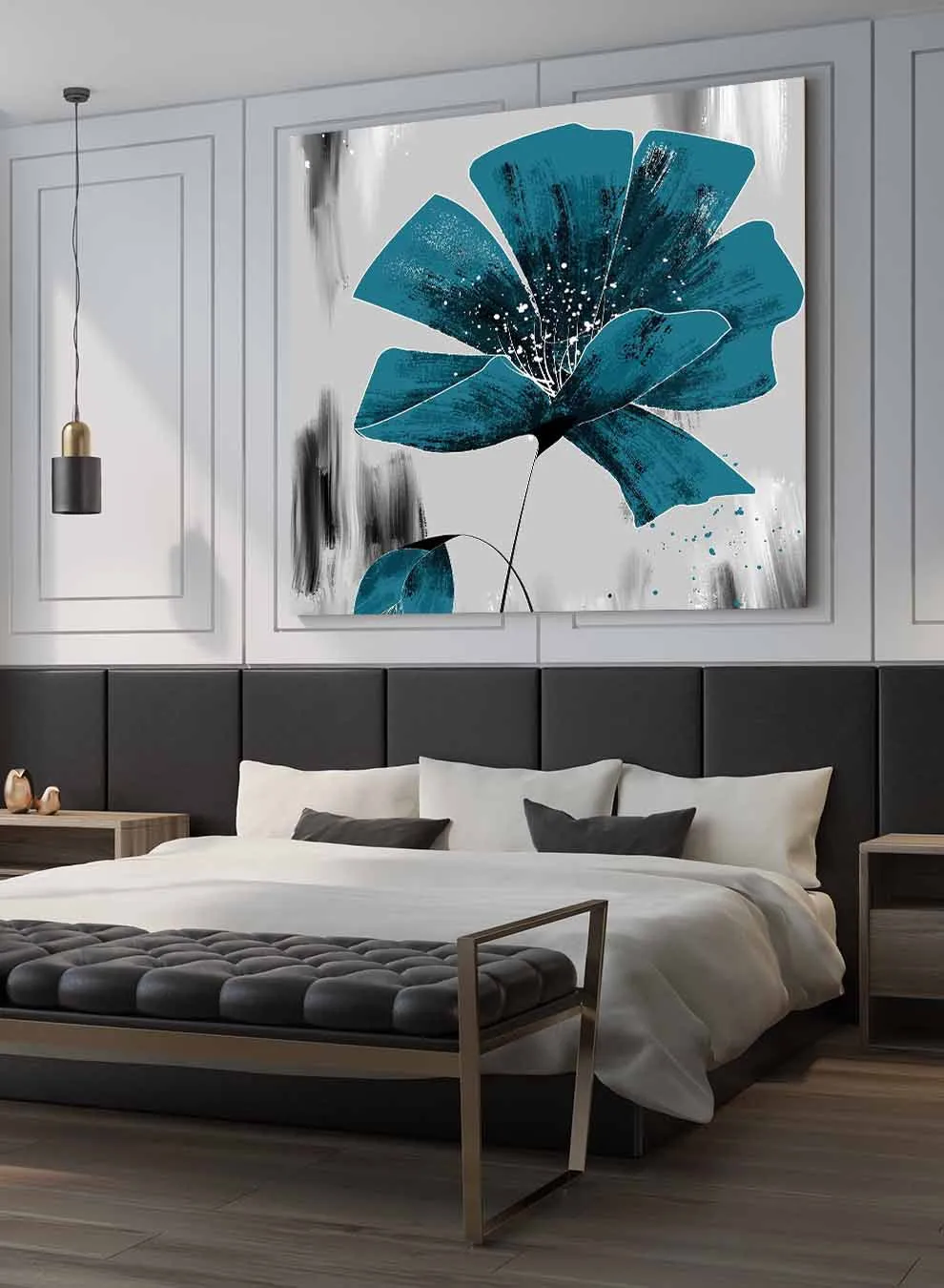 Square Canvas Wall Art Stretched Over Wooden Frame with Black Floating Frame and Blue Shades Oil Painting
