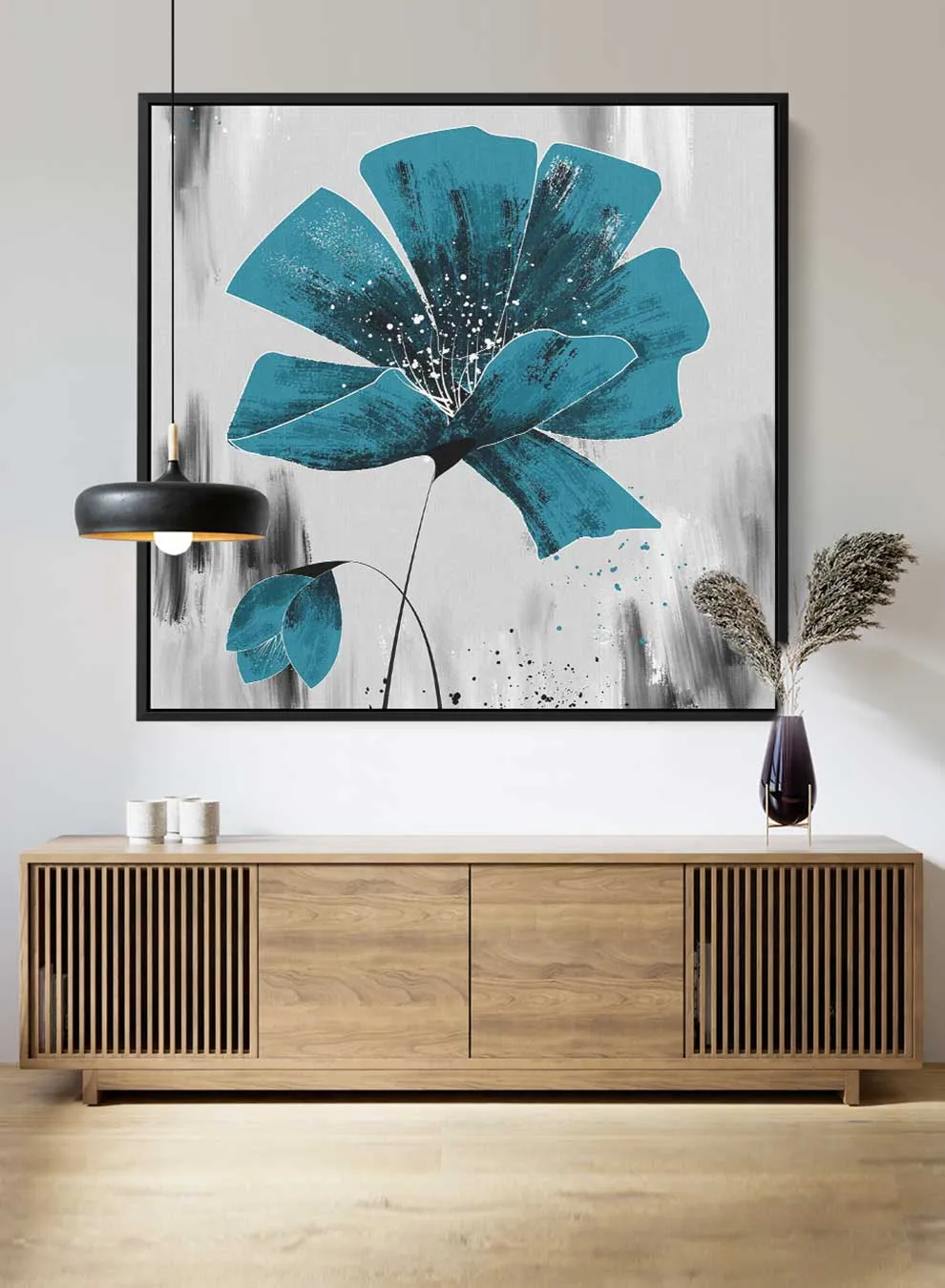 Square Canvas Wall Art Stretched Over Wooden Frame with Black Floating Frame and Blue Shades Oil Painting