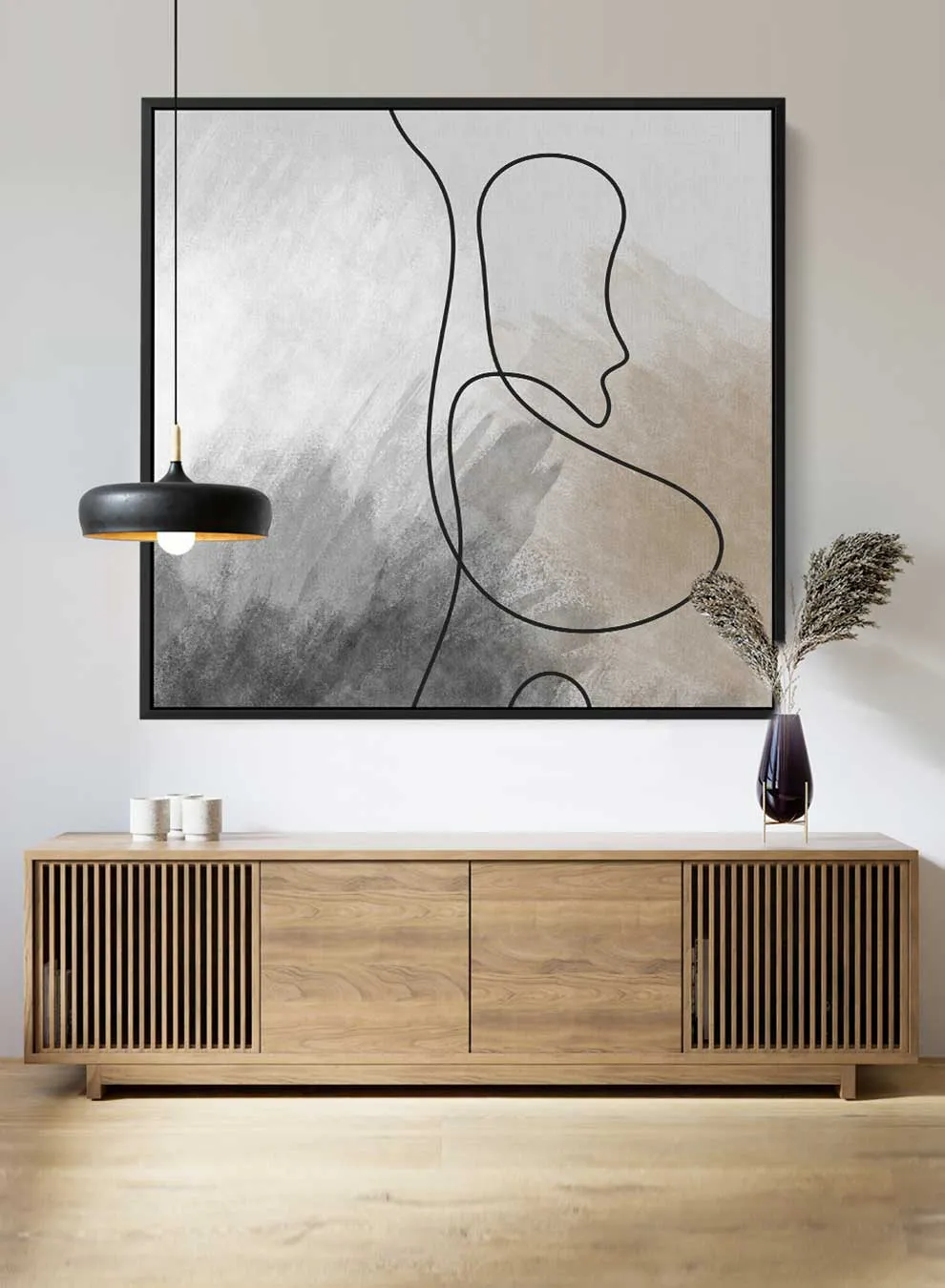 Square Canvas Wall Art Stretched Over Wooden Frame with Black Floating Frame and Boho Art Painting