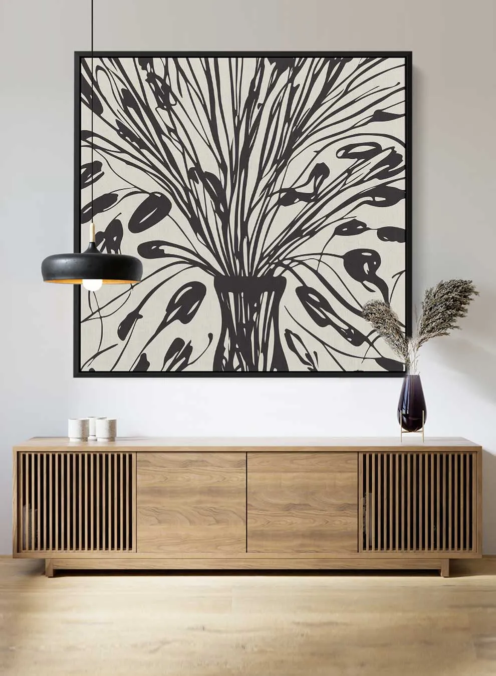 Square Canvas Wall Art Stretched Over Wooden Frame with Black Floating Frame and Bouquet Of Flowers Painting
