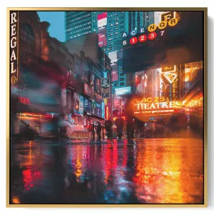 Square Canvas Wall Art Stretched Over Wooden Frame with Black Floating Frame and City View Oil Painting