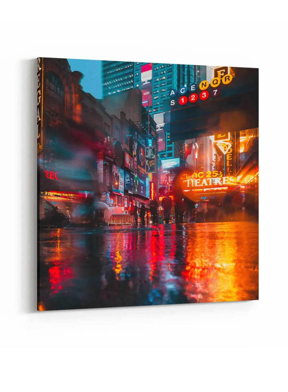 Square Canvas Wall Art Stretched Over Wooden Frame with Black Floating Frame and City View Oil Painting
