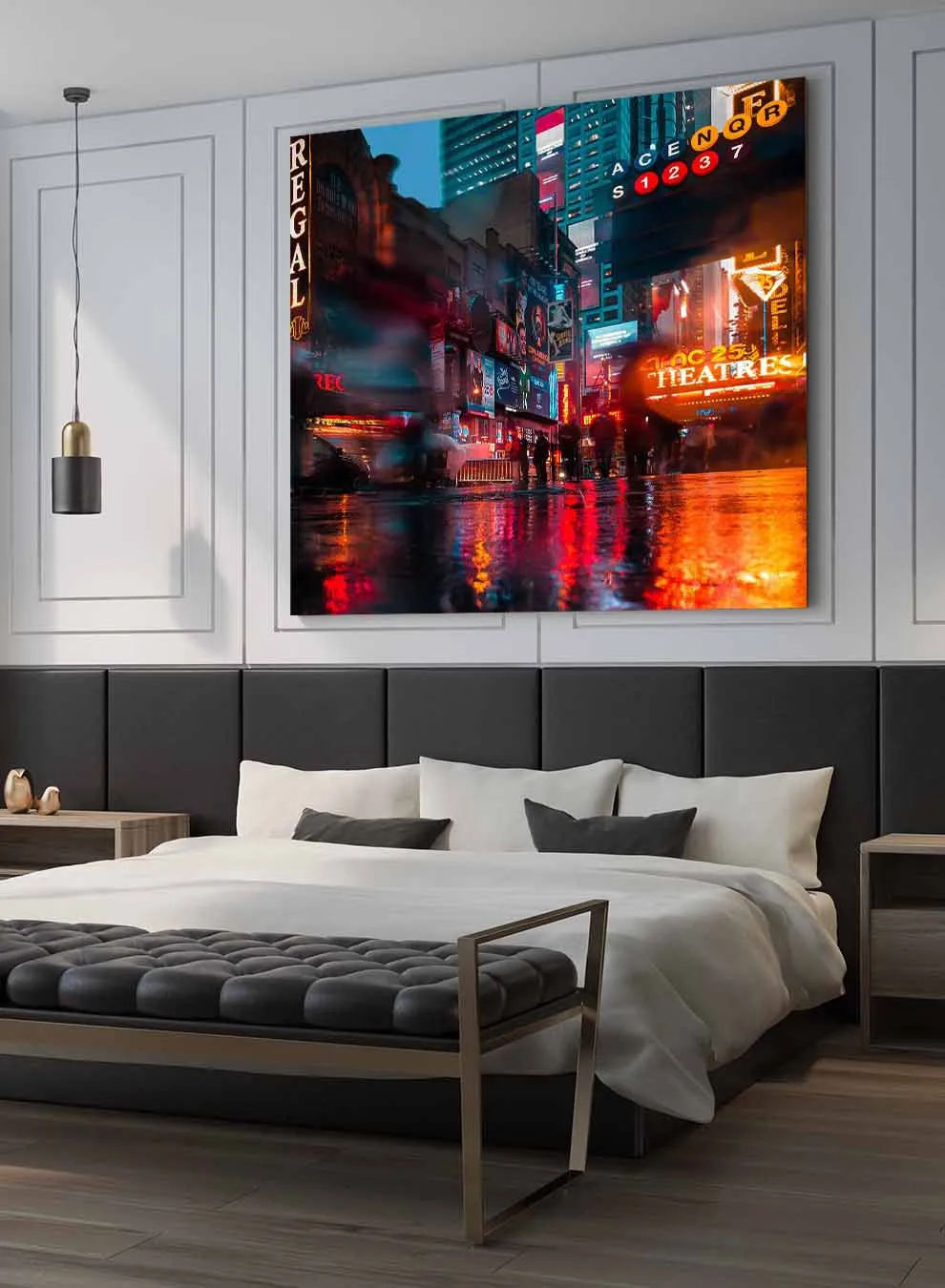 Square Canvas Wall Art Stretched Over Wooden Frame with Black Floating Frame and City View Oil Painting