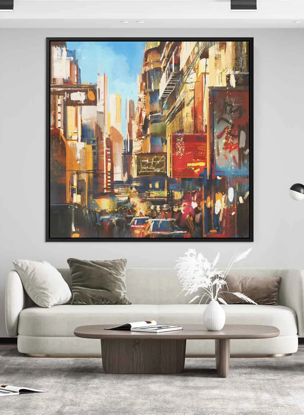Square Canvas Wall Art Stretched Over Wooden Frame with Black Floating Frame and Colorful City View  Painting