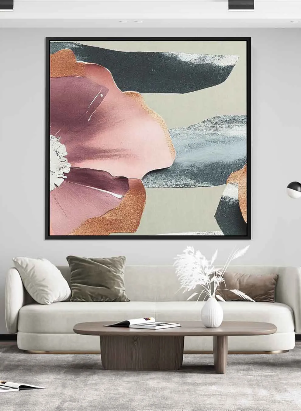 Square Canvas Wall Art Stretched Over Wooden Frame with Black Floating Frame and Colorful Floral Art Pattern Painting