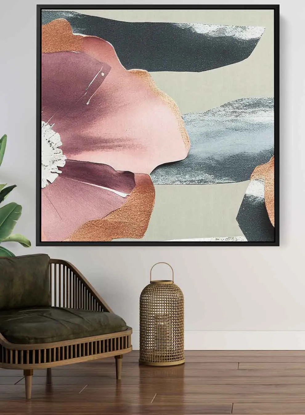 Square Canvas Wall Art Stretched Over Wooden Frame with Black Floating Frame and Colorful Floral Art Pattern Painting