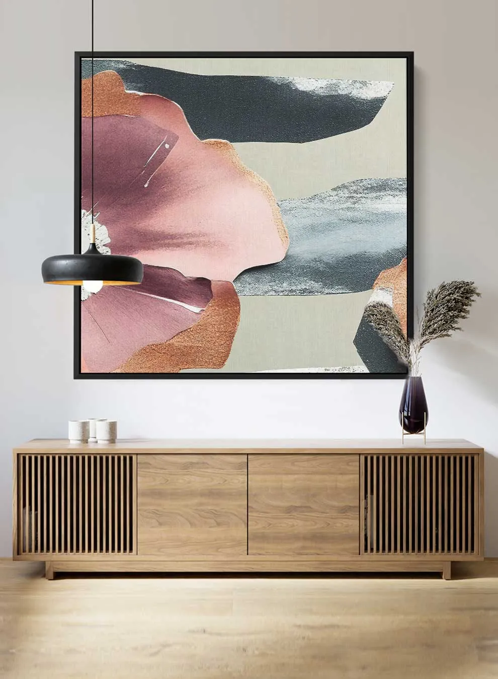 Square Canvas Wall Art Stretched Over Wooden Frame with Black Floating Frame and Colorful Floral Art Pattern Painting