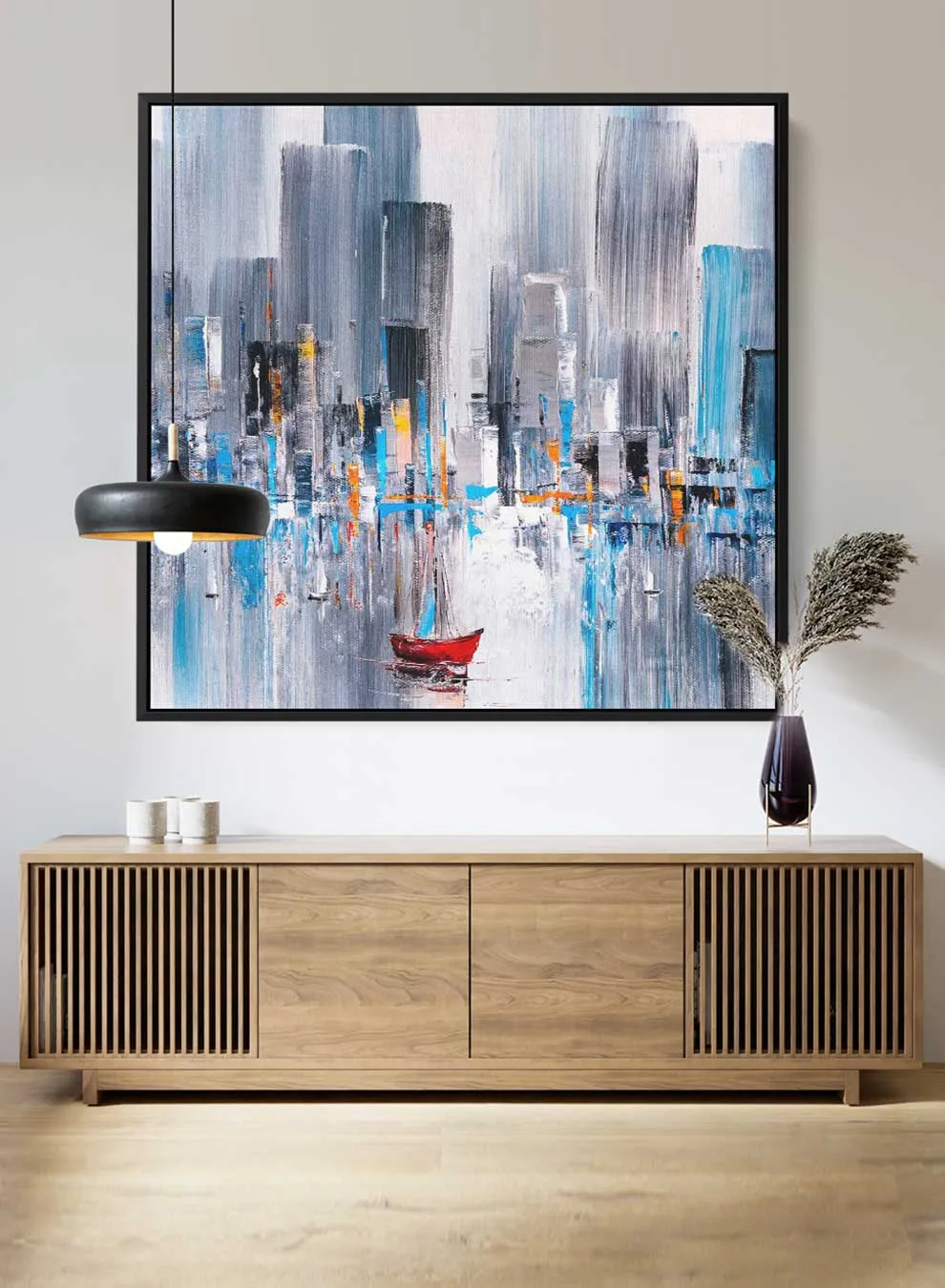 Square Canvas Wall Art Stretched Over Wooden Frame with Black Floating Frame and Colourful Oil Painting