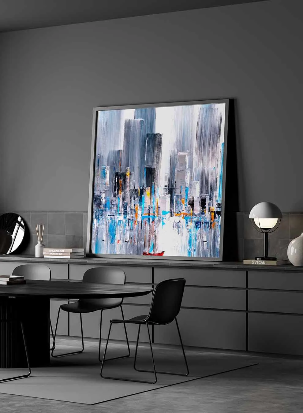 Square Canvas Wall Art Stretched Over Wooden Frame with Black Floating Frame and Colourful Oil Painting