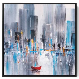 Square Canvas Wall Art Stretched Over Wooden Frame with Black Floating Frame and Colourful Oil Painting