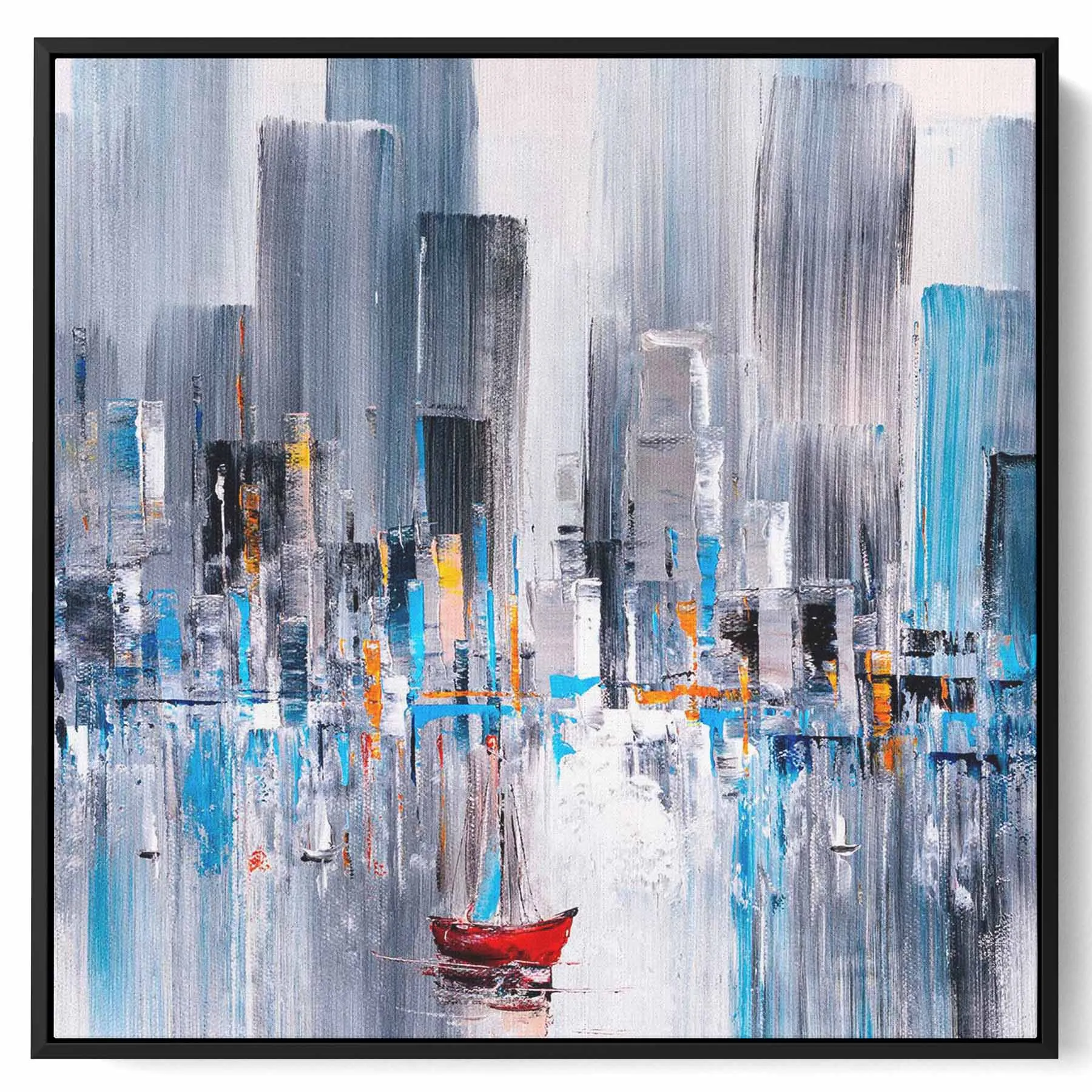 Square Canvas Wall Art Stretched Over Wooden Frame with Black Floating Frame and Colourful Oil Painting