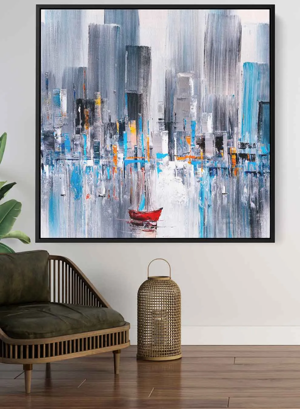 Square Canvas Wall Art Stretched Over Wooden Frame with Black Floating Frame and Colourful Oil Painting