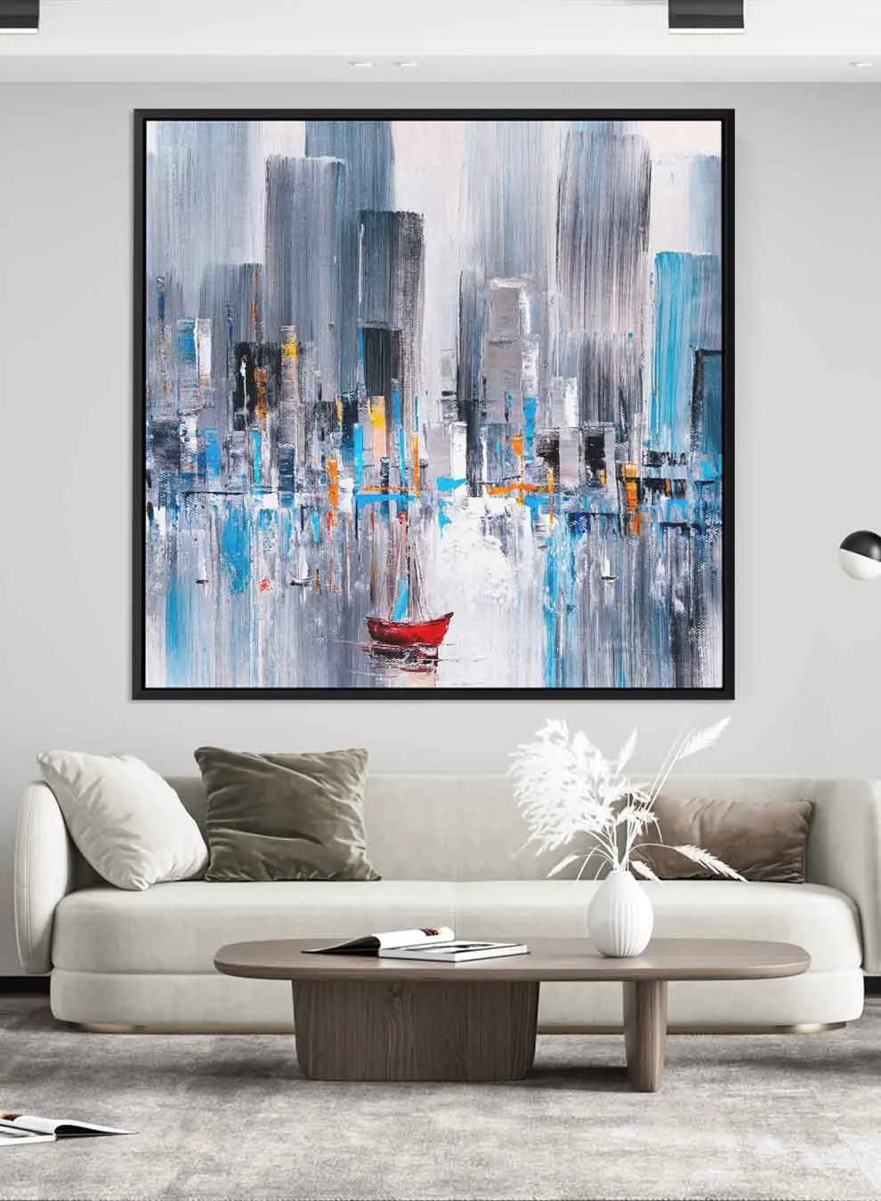 Square Canvas Wall Art Stretched Over Wooden Frame with Black Floating Frame and Colourful Oil Painting