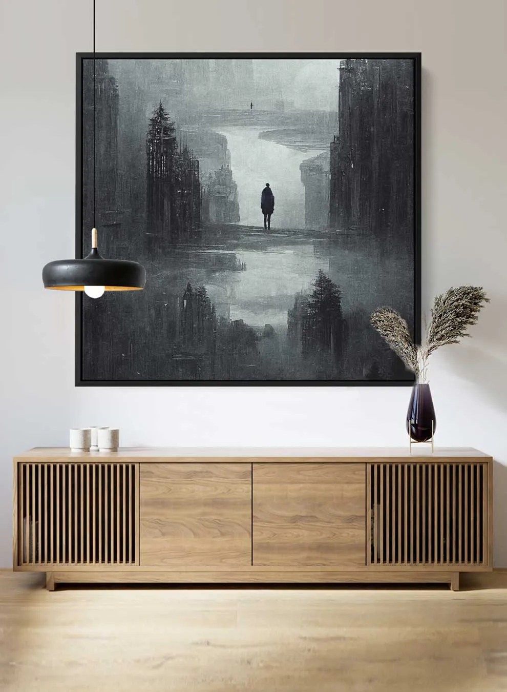Square Canvas Wall Art Stretched Over Wooden Frame with Black Floating Frame and Dark Gloomy Scene Of The City  Painting