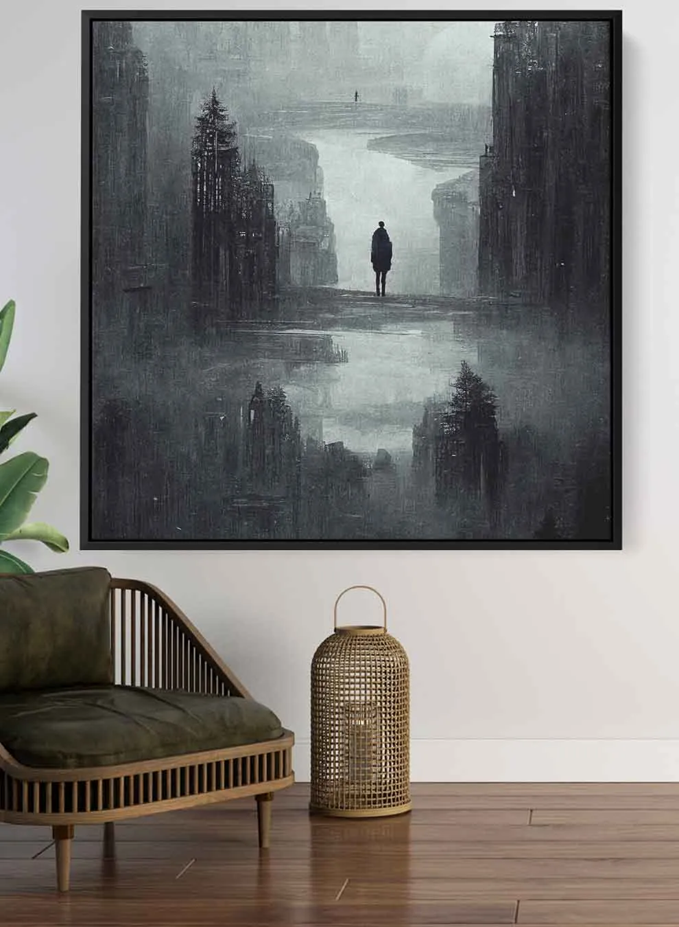 Square Canvas Wall Art Stretched Over Wooden Frame with Black Floating Frame and Dark Gloomy Scene Of The City  Painting