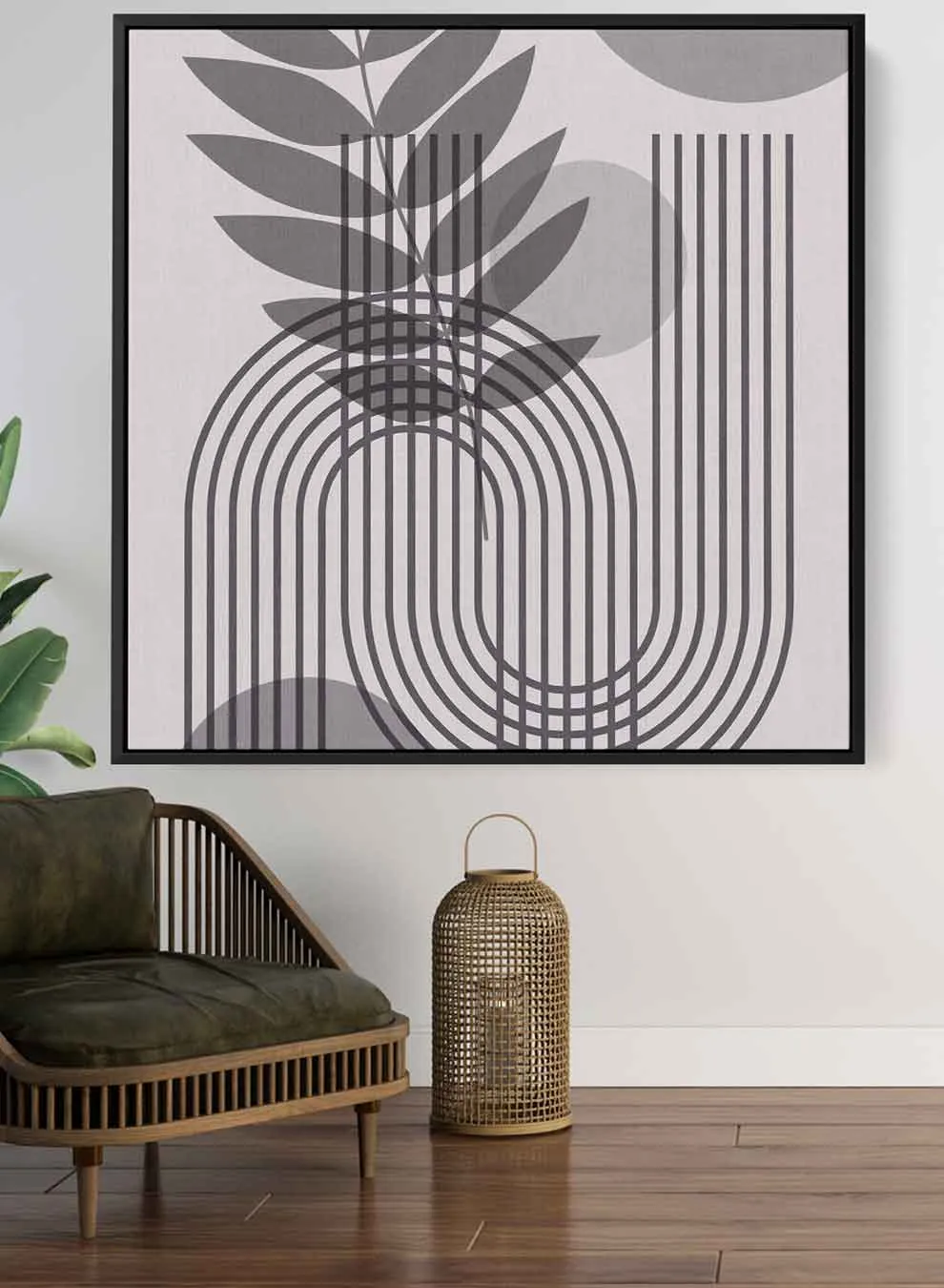 Square Canvas Wall Art Stretched Over Wooden Frame with Black Floating Frame and Floral & Lines Art Painting