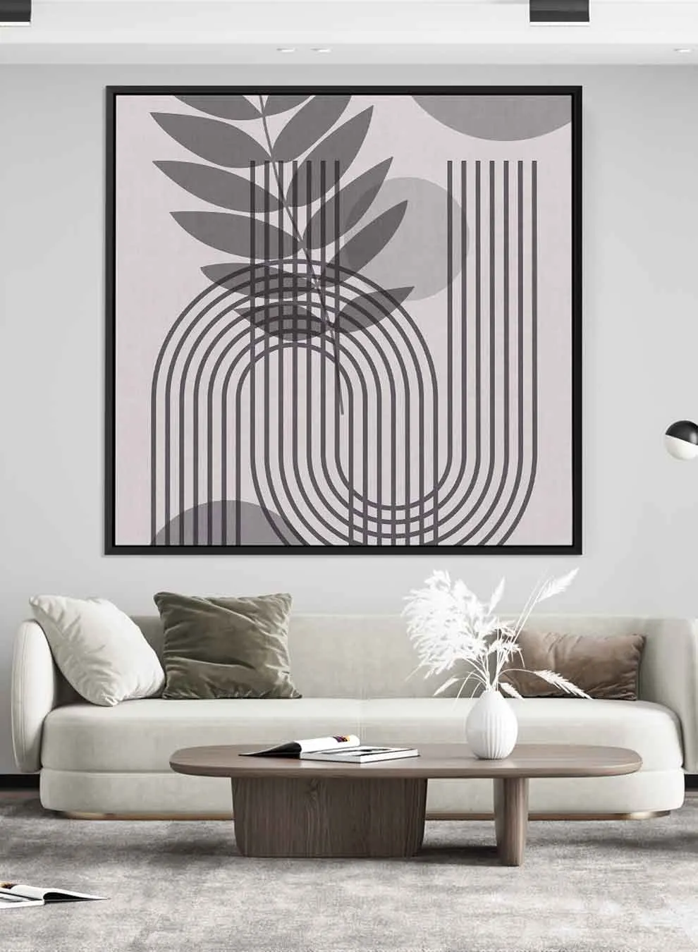 Square Canvas Wall Art Stretched Over Wooden Frame with Black Floating Frame and Floral & Lines Art Painting