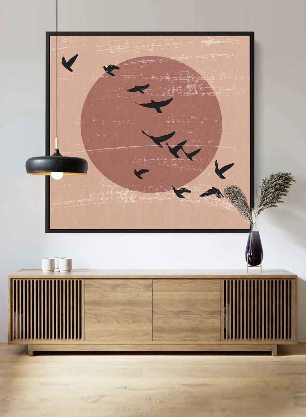 Square Canvas Wall Art Stretched Over Wooden Frame with Black Floating Frame and Flying High Birds Painting
